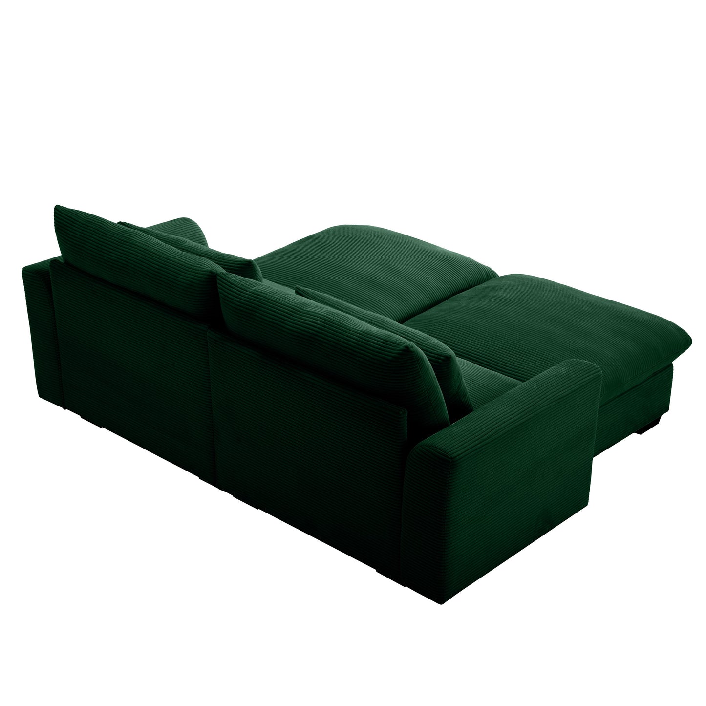 Deep green corduroy sectional sofa with plush cushions and chaise lounge