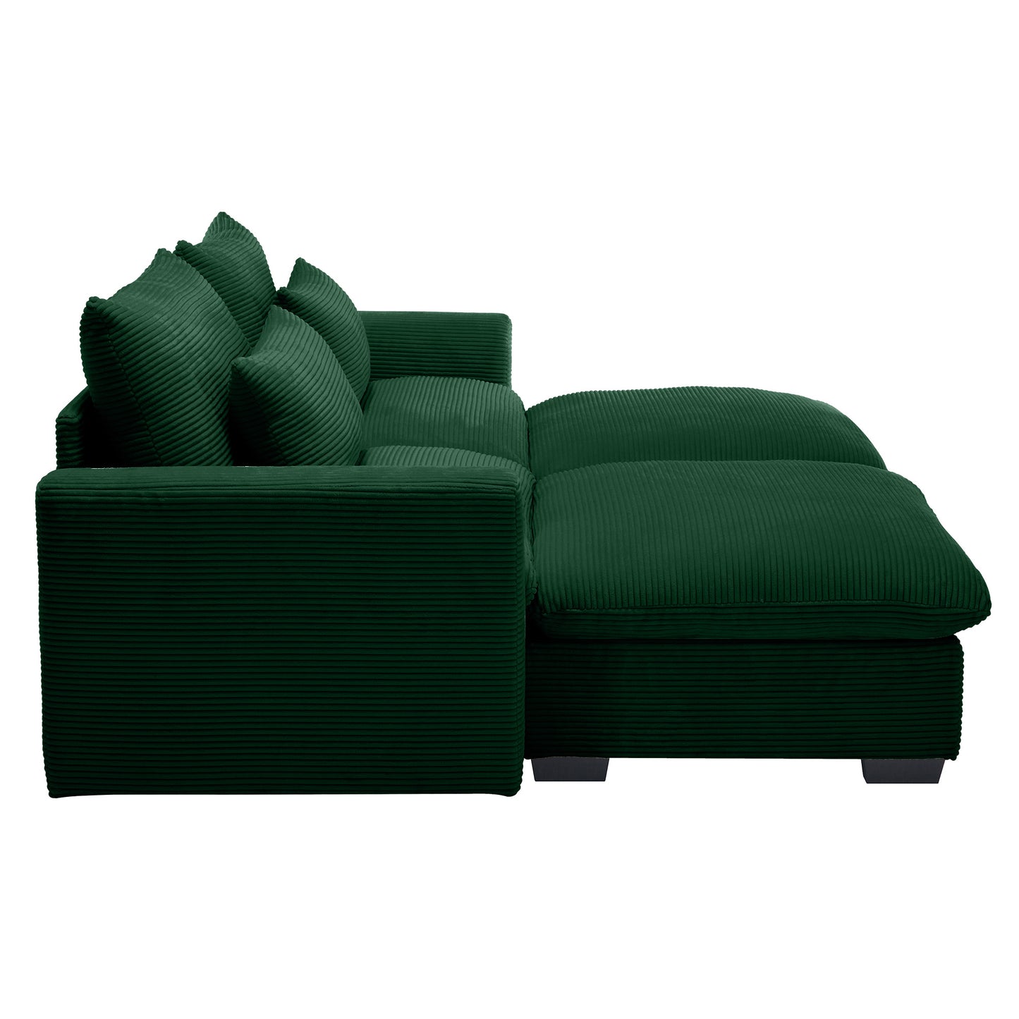 Deep green corduroy sectional sofa with plush throw pillows modern living room furniture