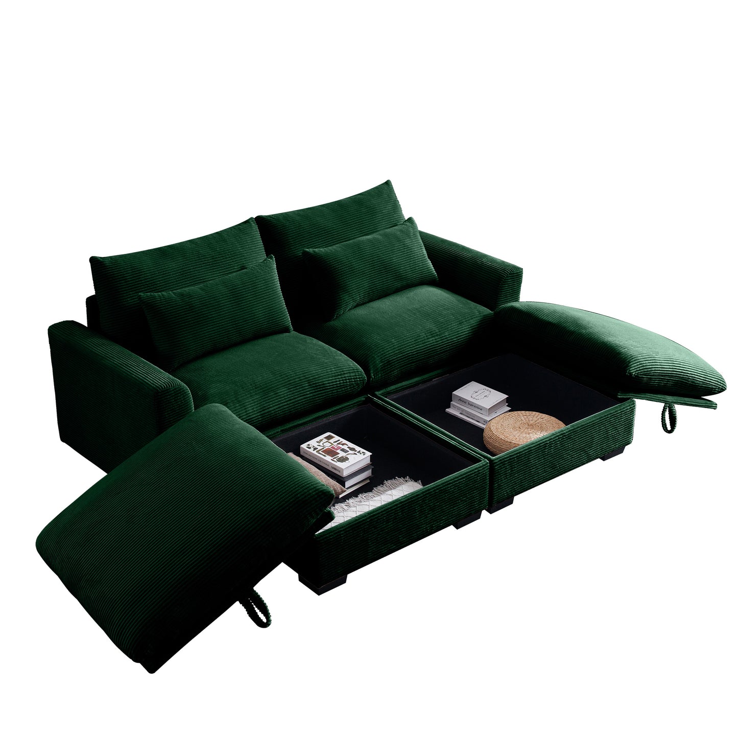 Deep green corduroy sectional sofa with open storage compartments