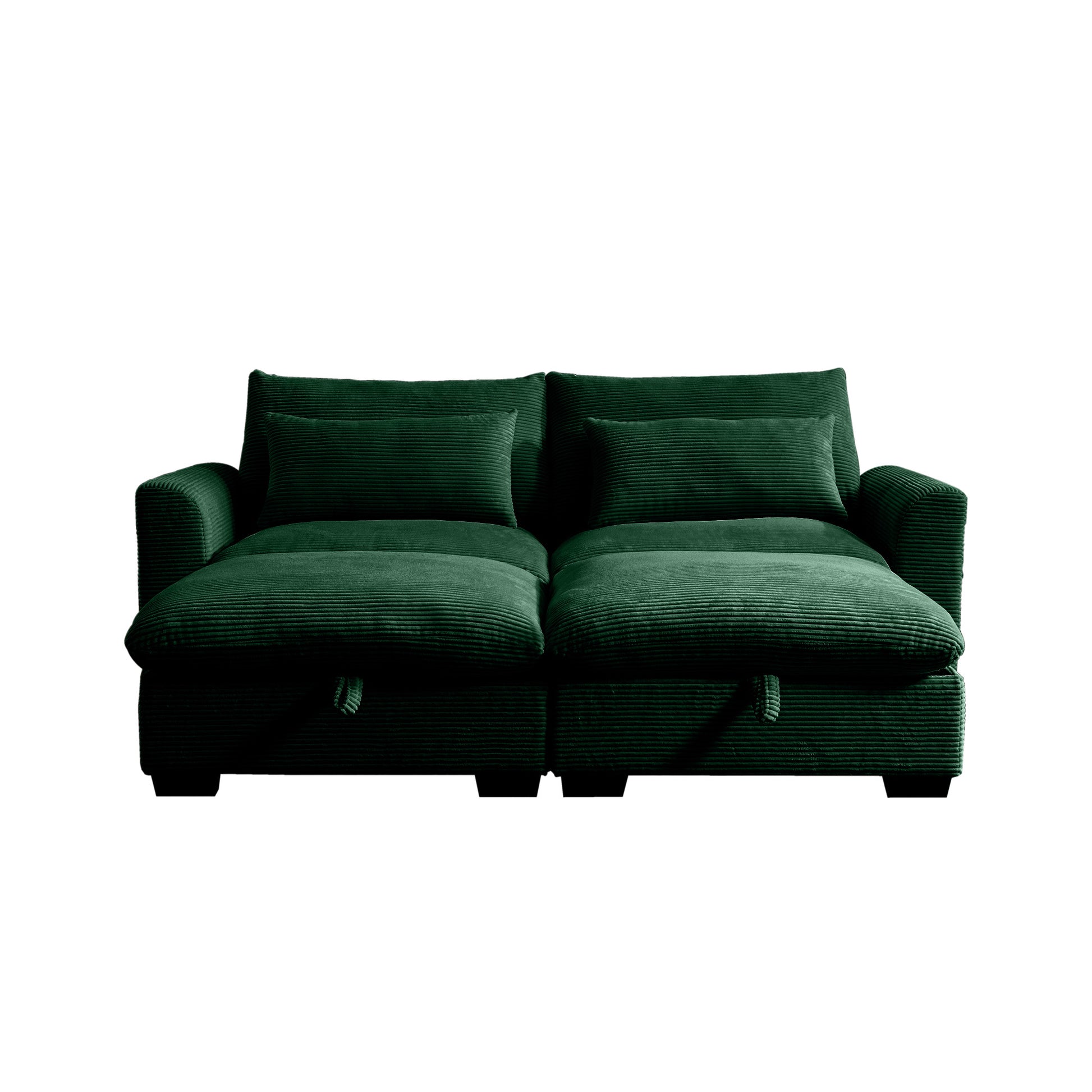 Deep green corduroy sectional sofa with tufted cushions and lumbar pillows
