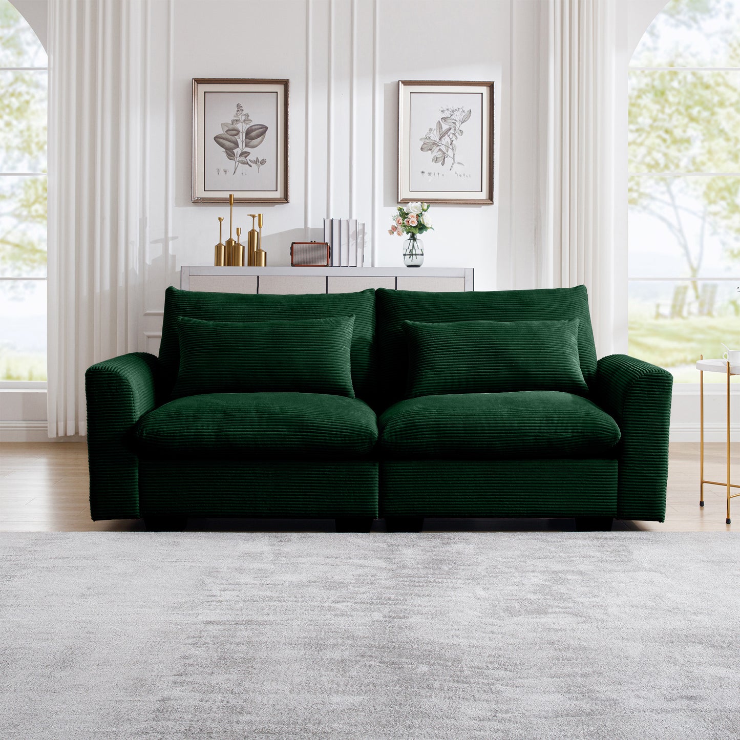Deep green corduroy sofa with plush cushions perfect for a modern living room