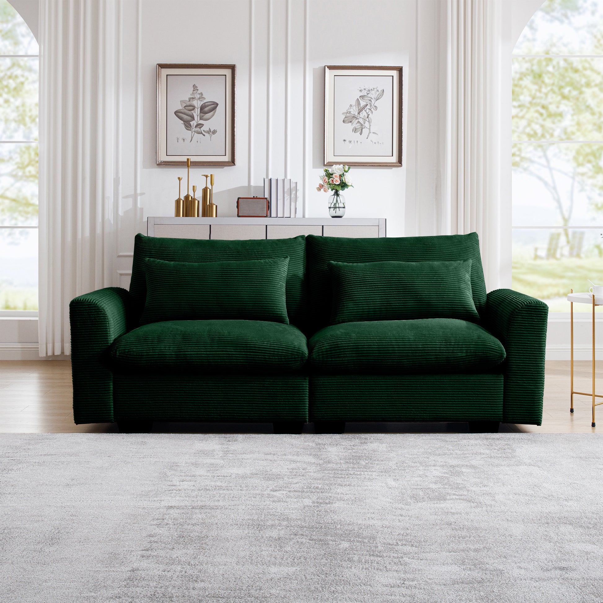 Deep green corduroy sofa with plush cushions perfect for a modern living room