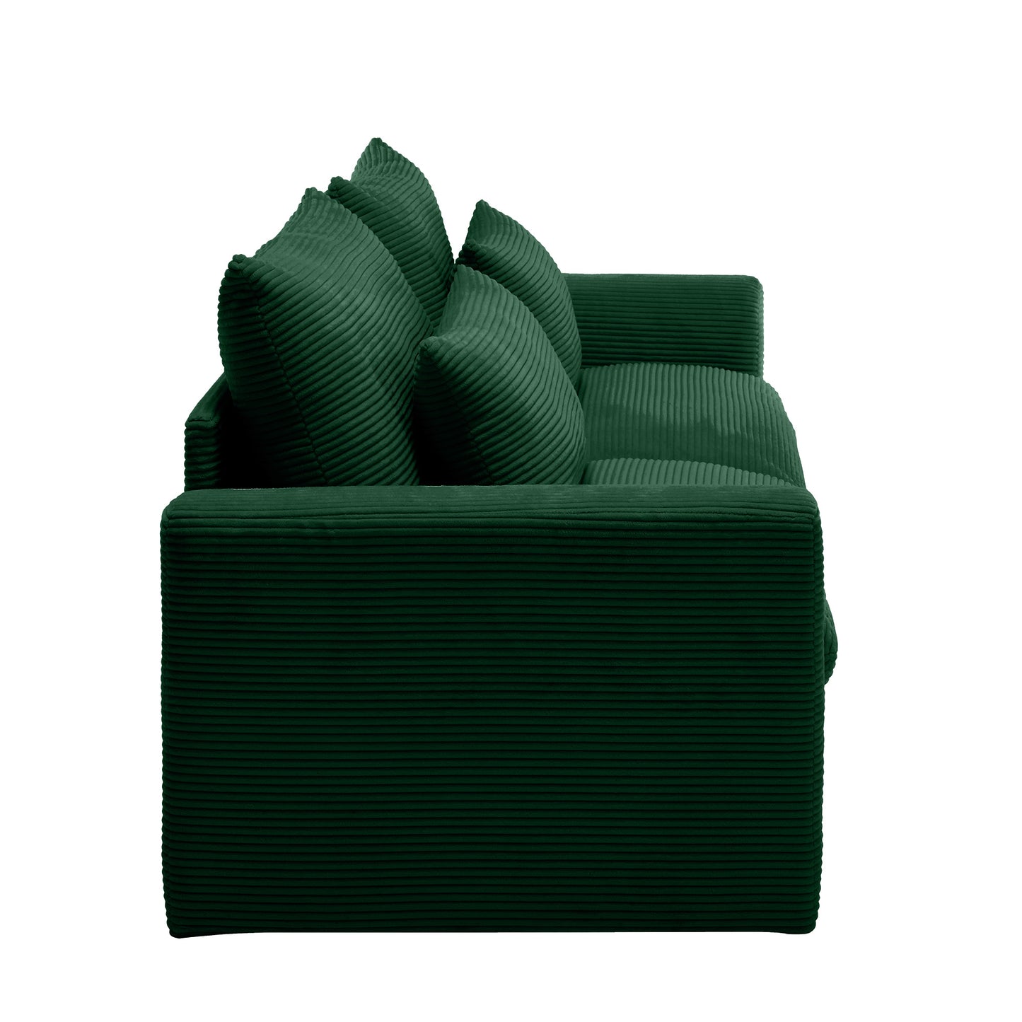 Dark green corduroy sofa with plush cushions a comfortable modern seating option