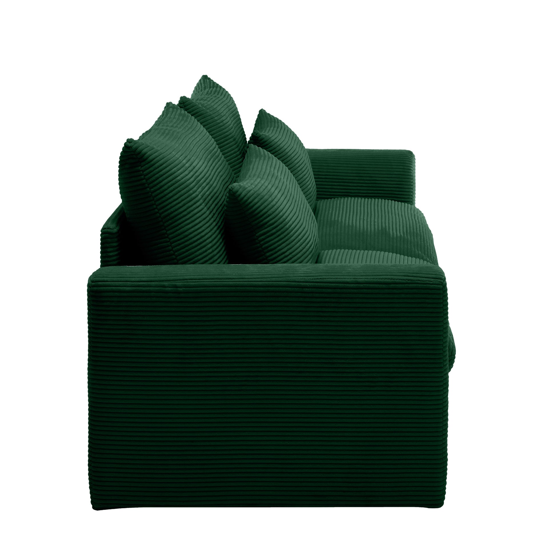 Dark green corduroy sofa with plush cushions a comfortable modern seating option