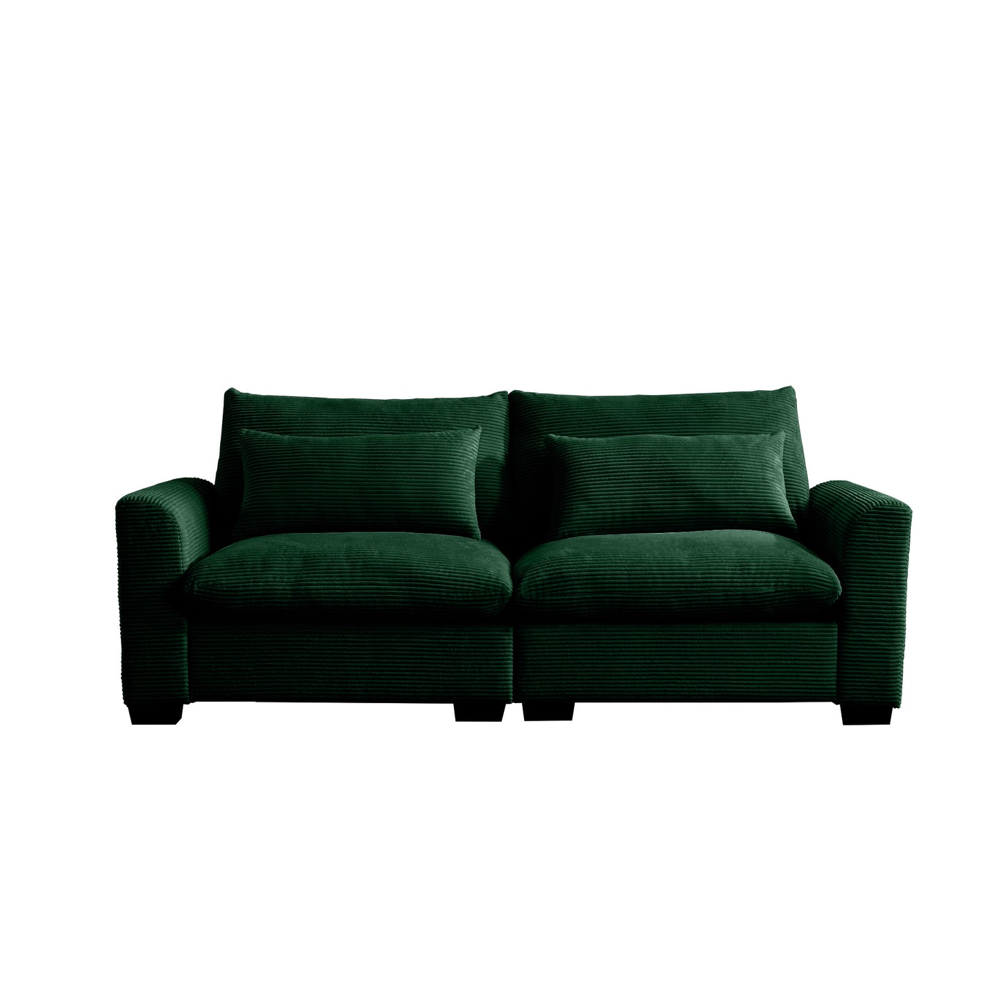 Dark green corduroy sofa with two plush throw pillows comfortable seating for two