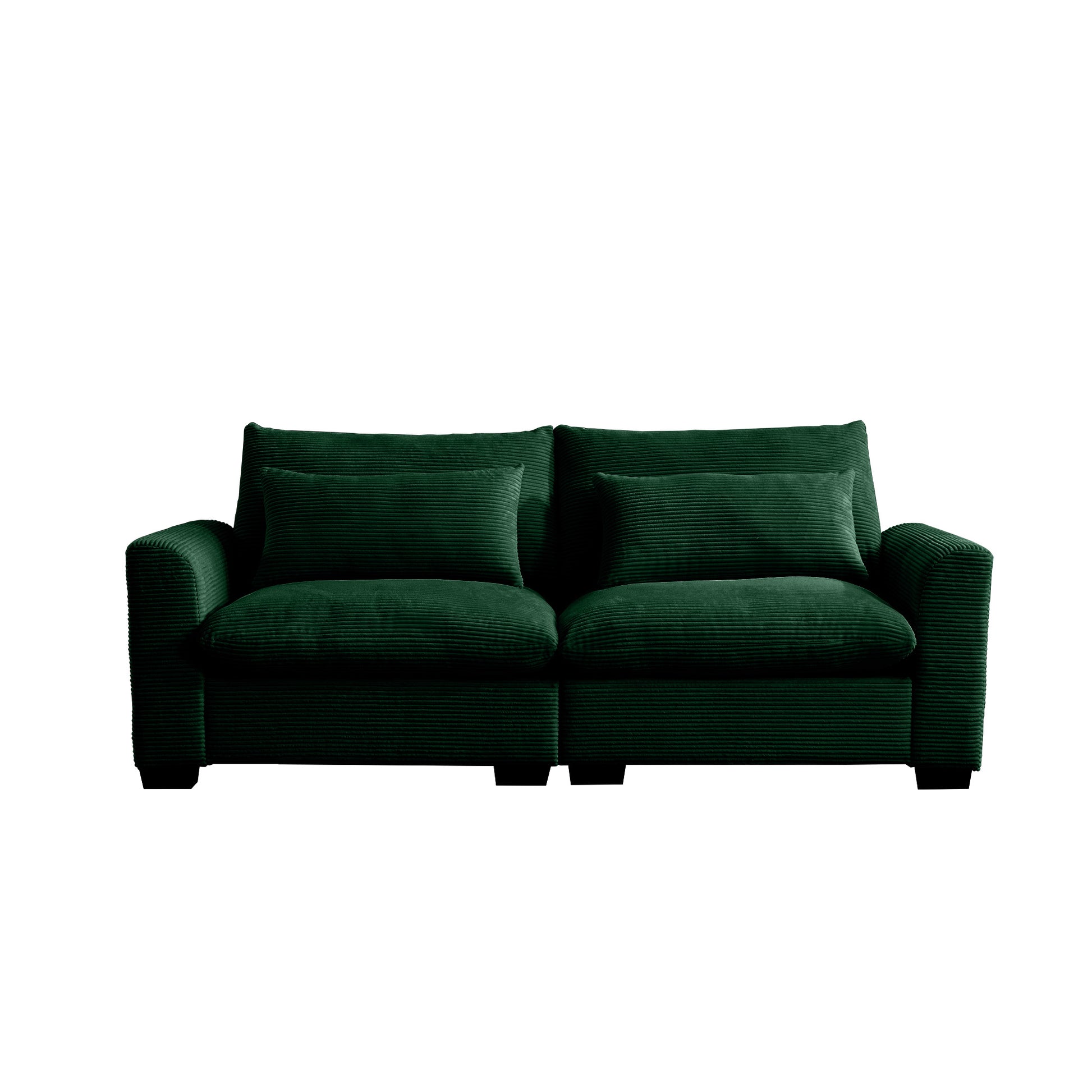Dark green corduroy sofa with two plush throw pillows comfortable seating for two