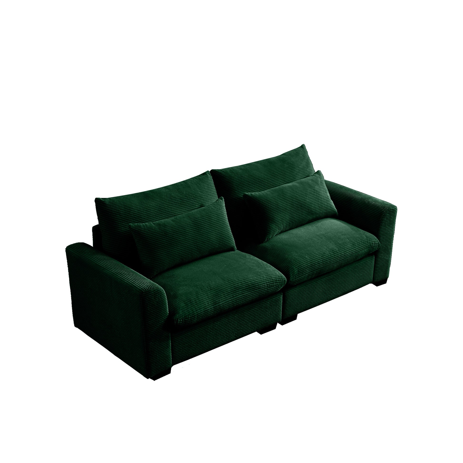 Deep emerald green corduroy sofa with plush cushions perfect for a cozy living room