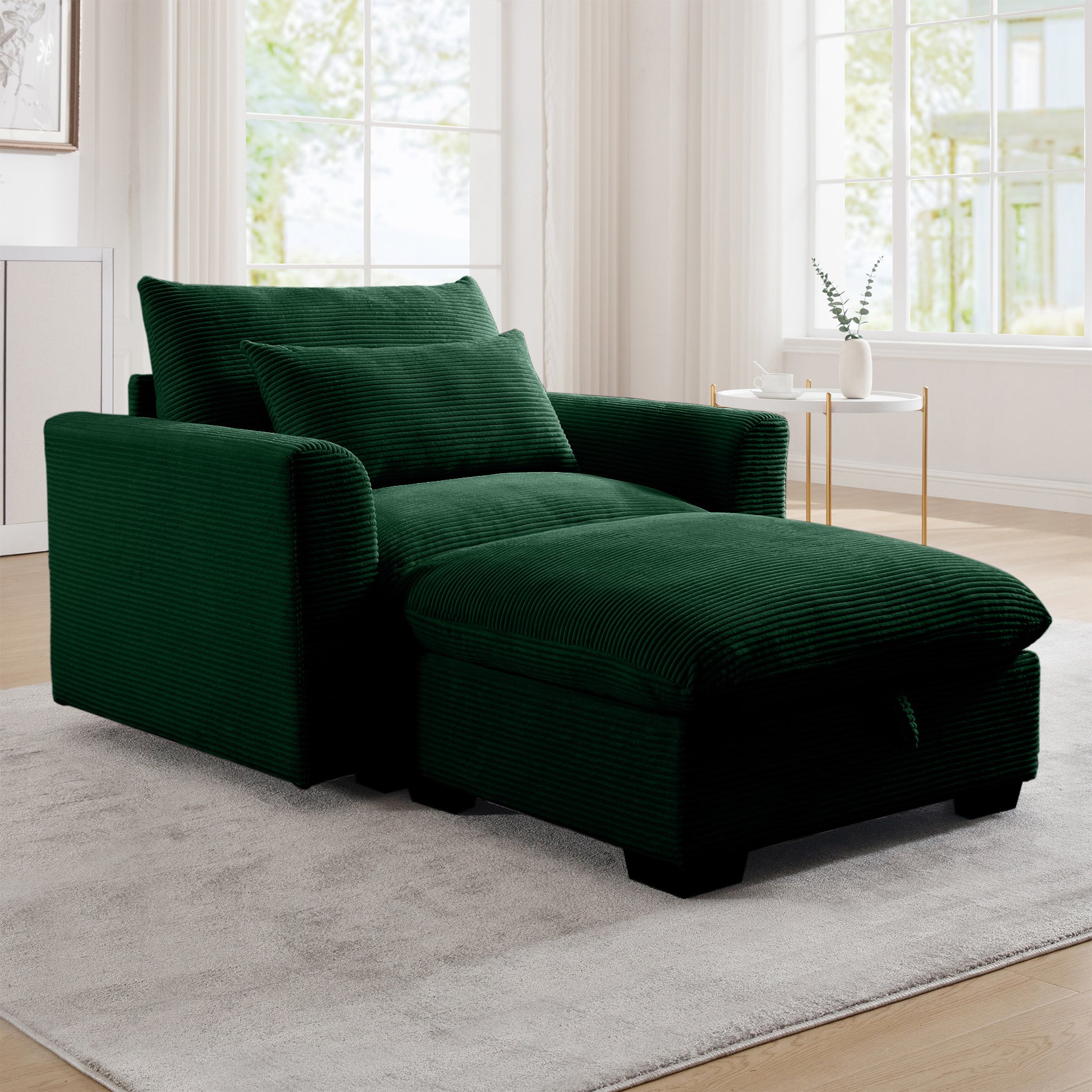Deep green corduroy chaise lounge with matching pillow modern design