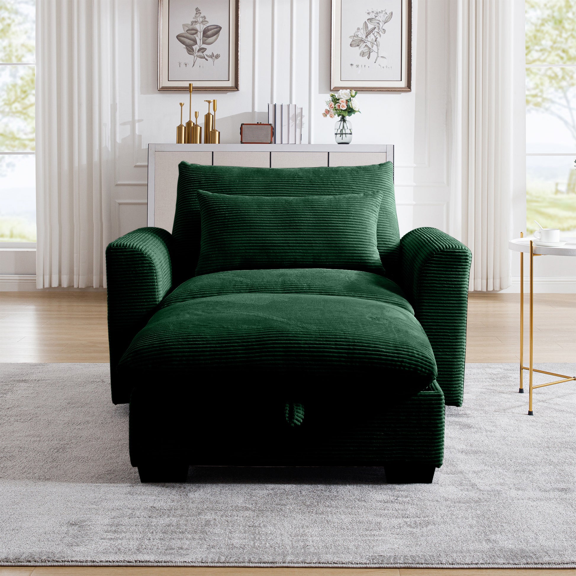 Forest green corduroy sleeper chair with plush pillows and pullout ottoman