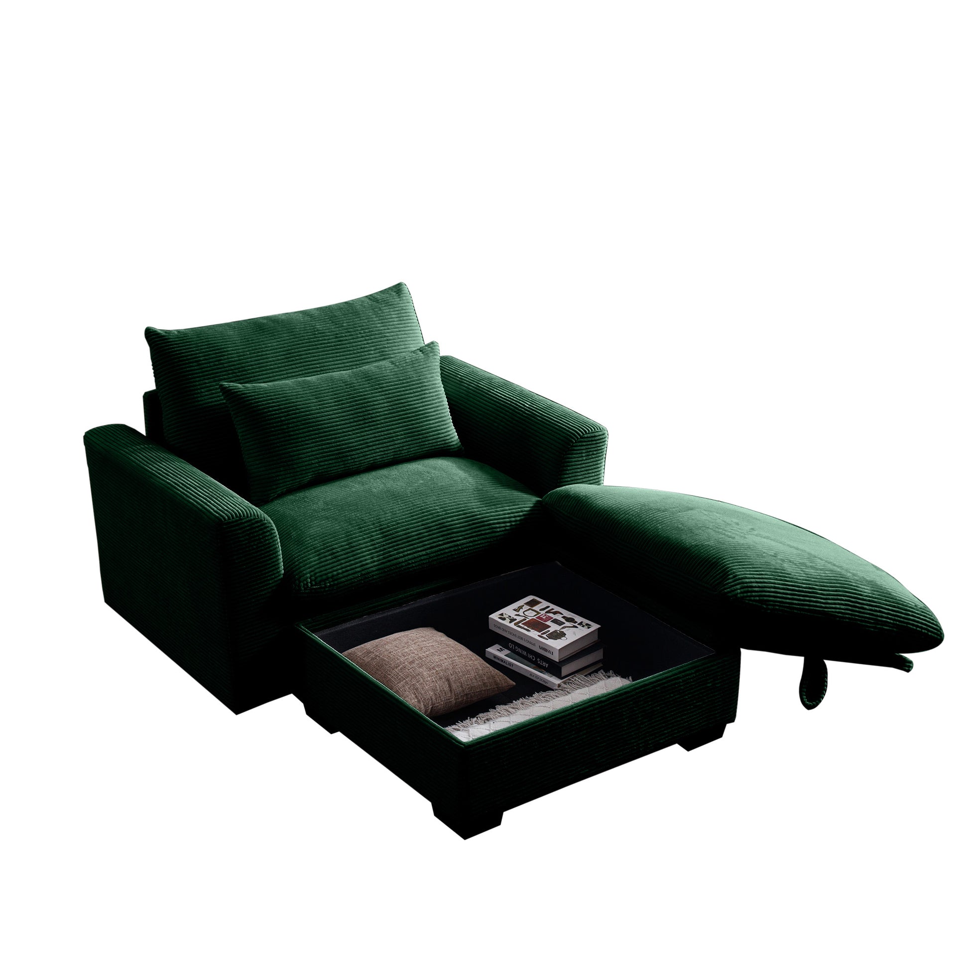 Green corduroy accent chair with hidden storage and reclined footrest