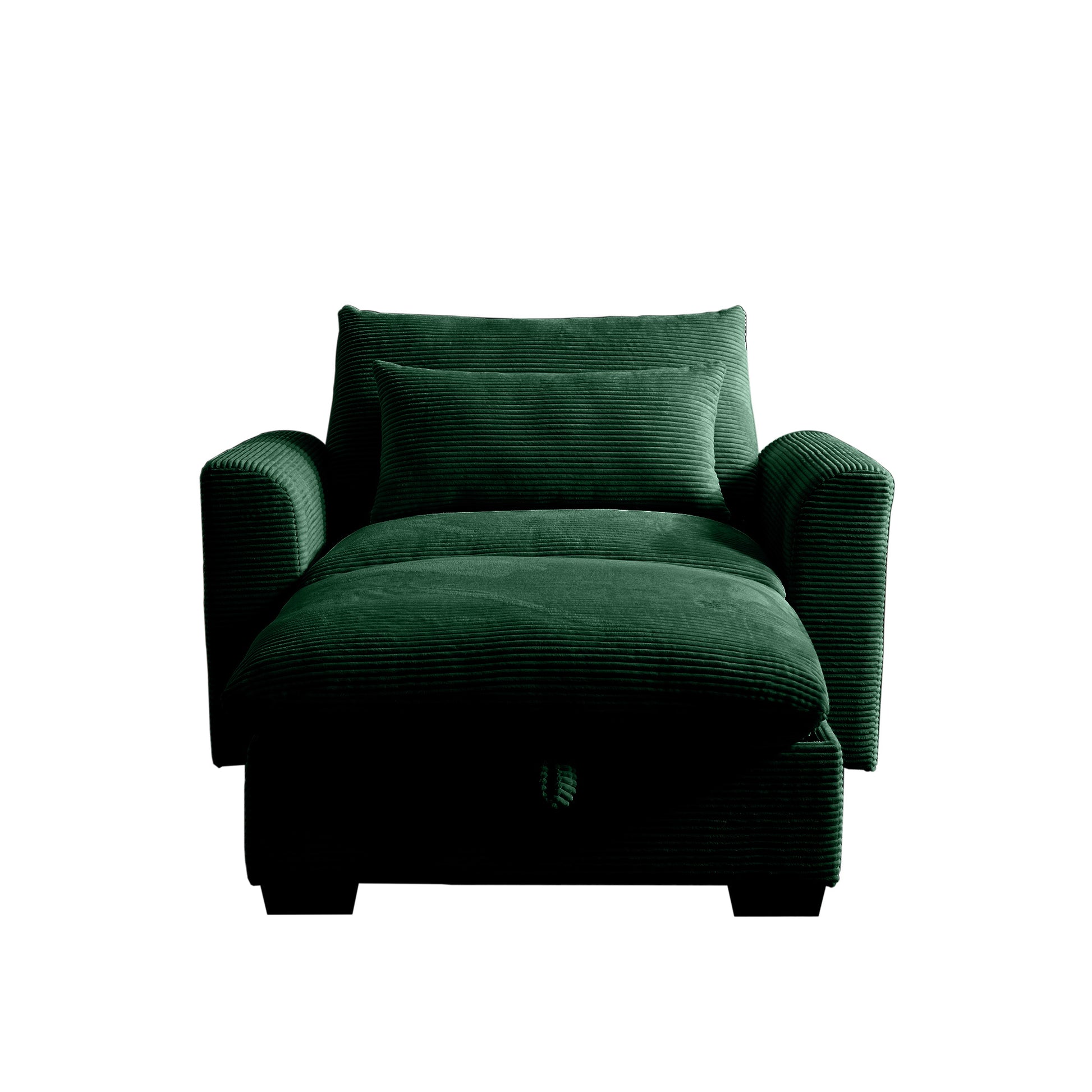 Deep green corduroy armchair with plush cushions and extended chaise perfect for cozy living rooms
