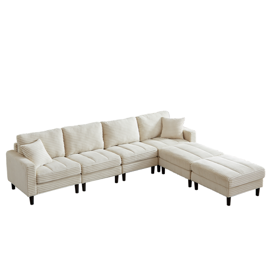 Comfortable beige corduroy sectional sofa with chaise and ottoman perfect for living rooms