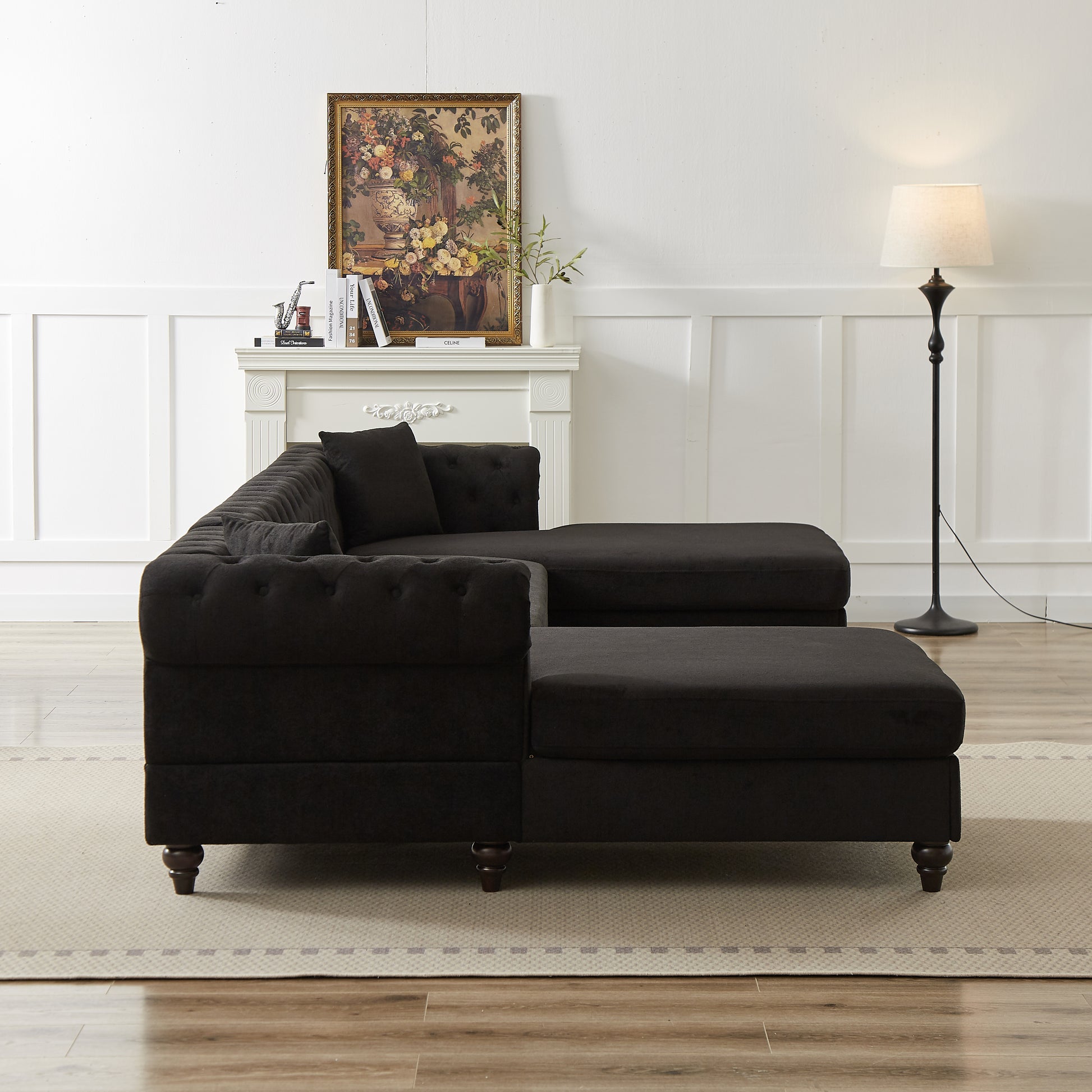 Dark charcoal tufted sectional sofa with chaise lounge velvet fabric contemporary style