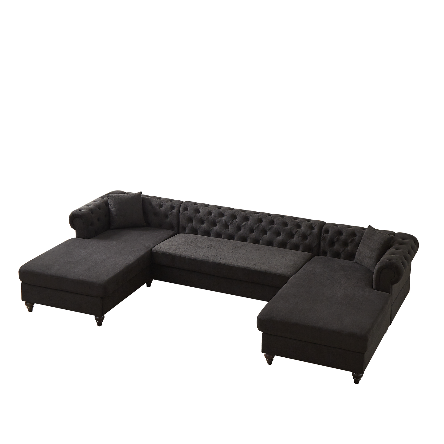 Dark charcoal grey tufted sectional sofa with chaise and plush cushions