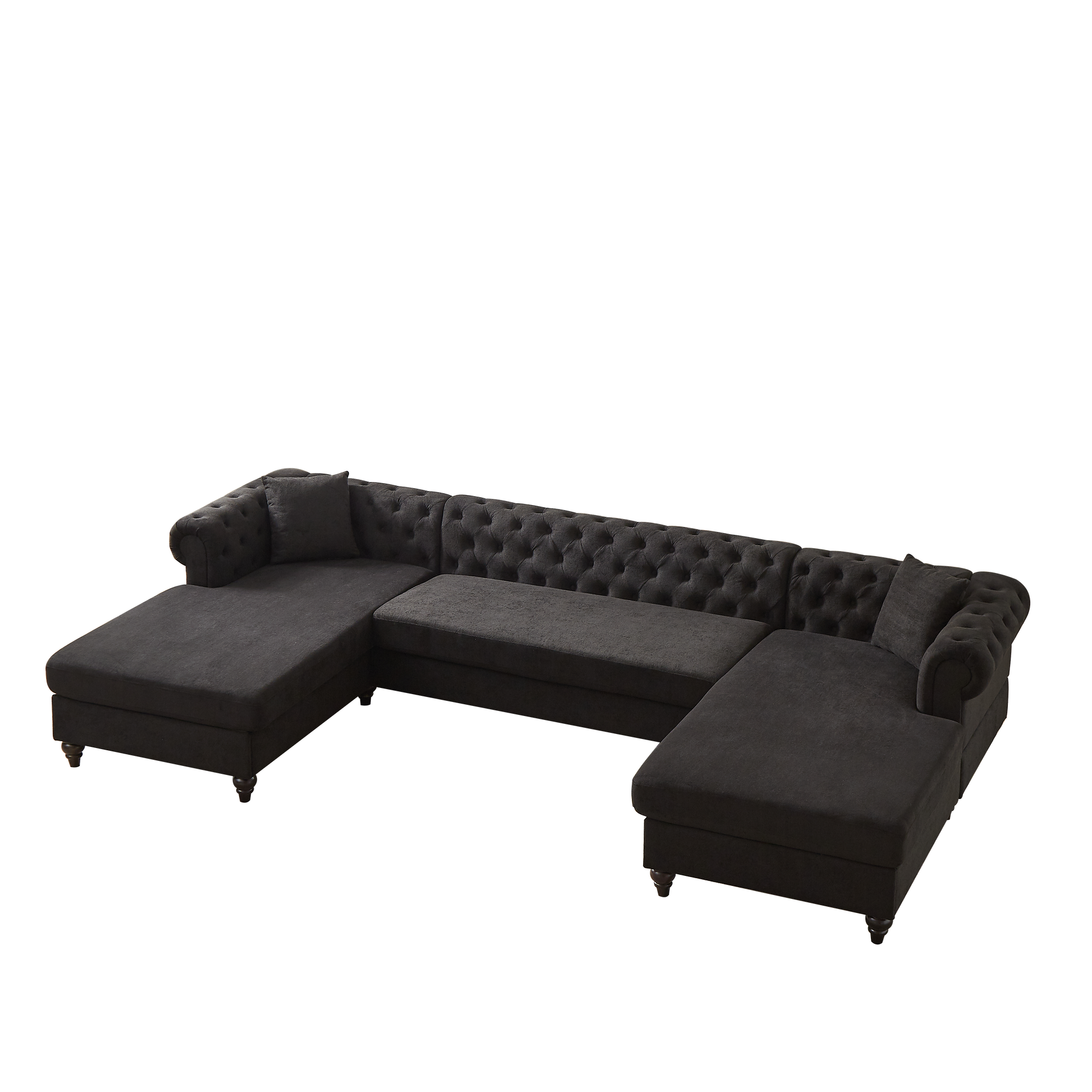 Dark charcoal grey tufted sectional sofa with chaise and plush cushions