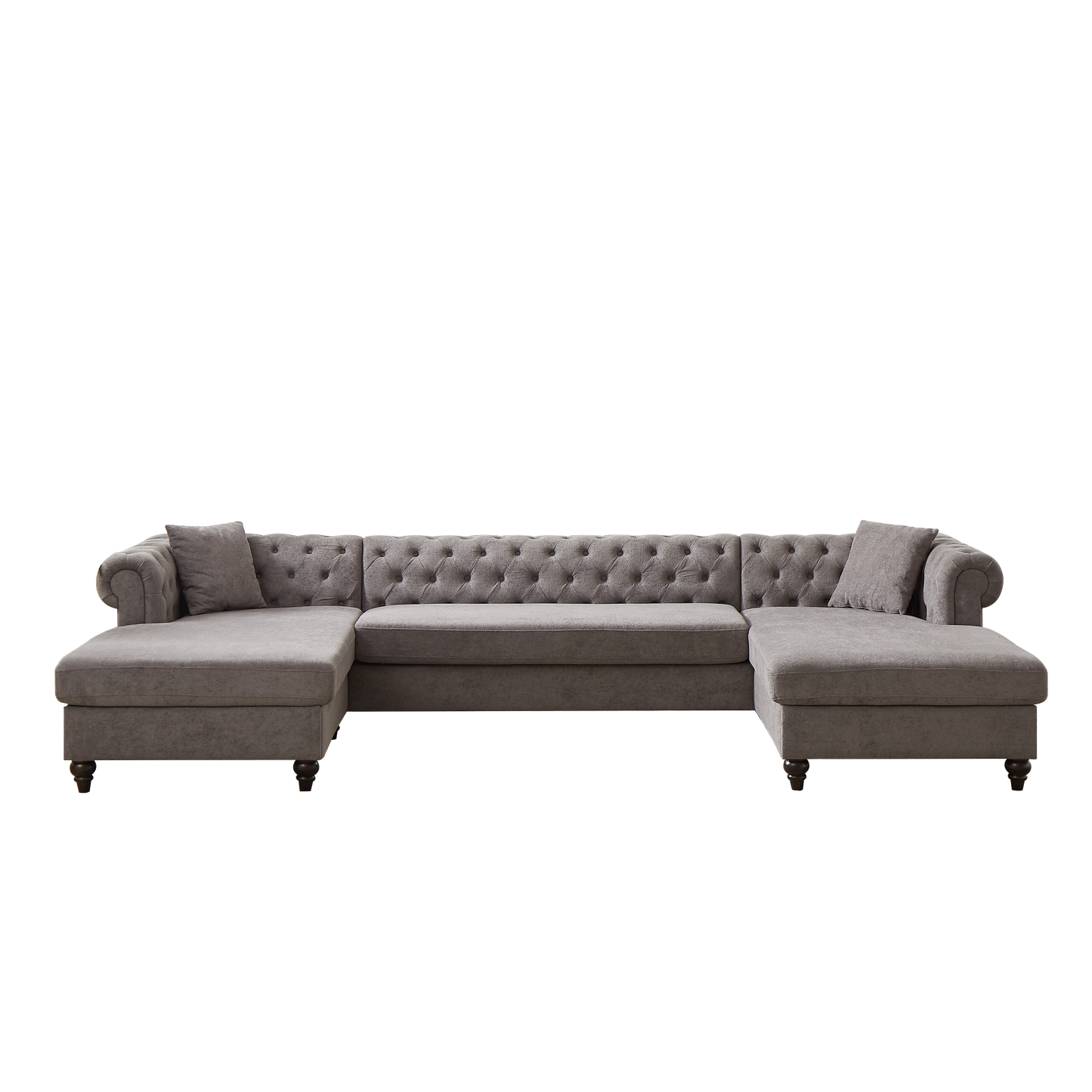 Tufted grey fabric sectional sofa with double chaise lounges and decorative pillows