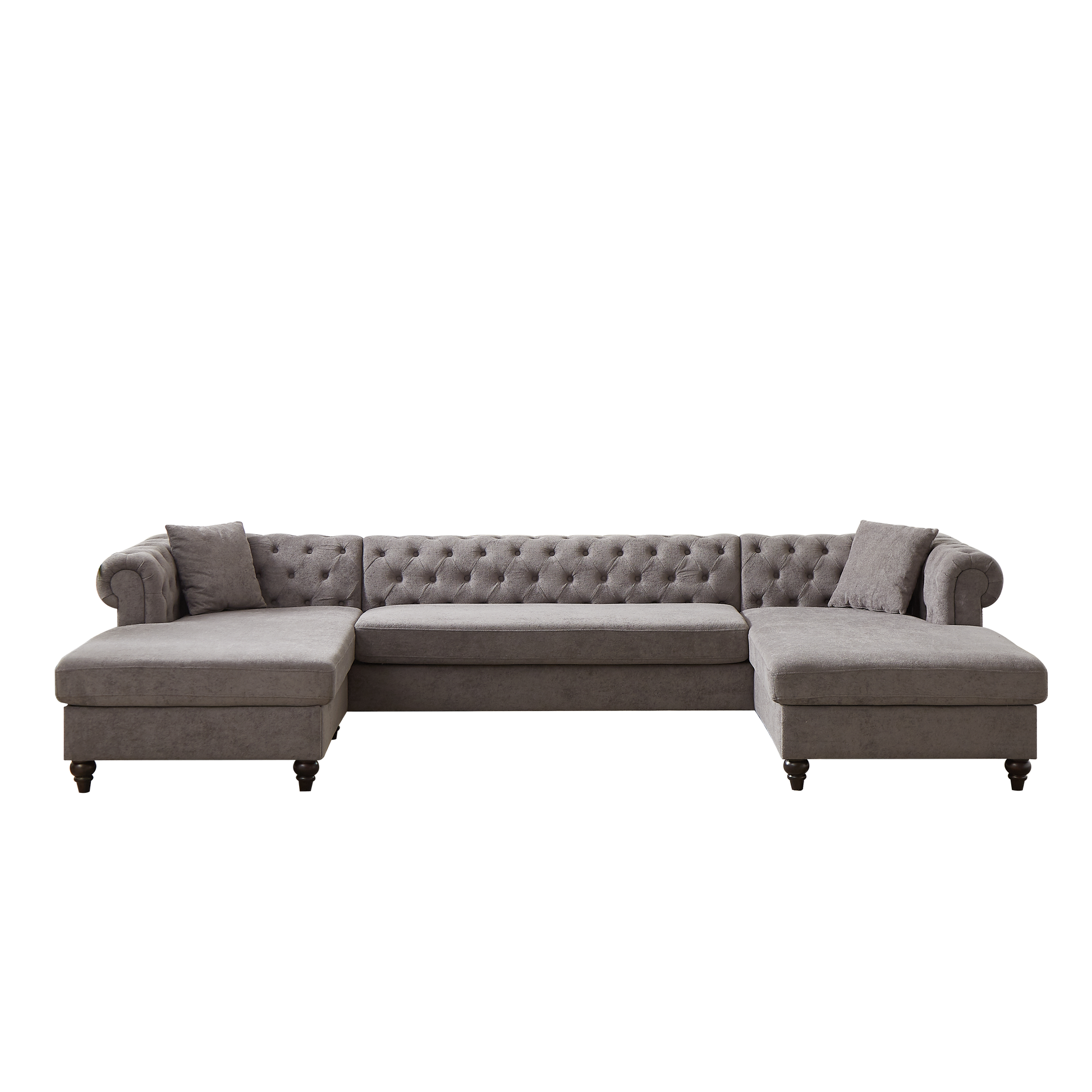Tufted grey fabric sectional sofa with double chaise lounges and decorative pillows