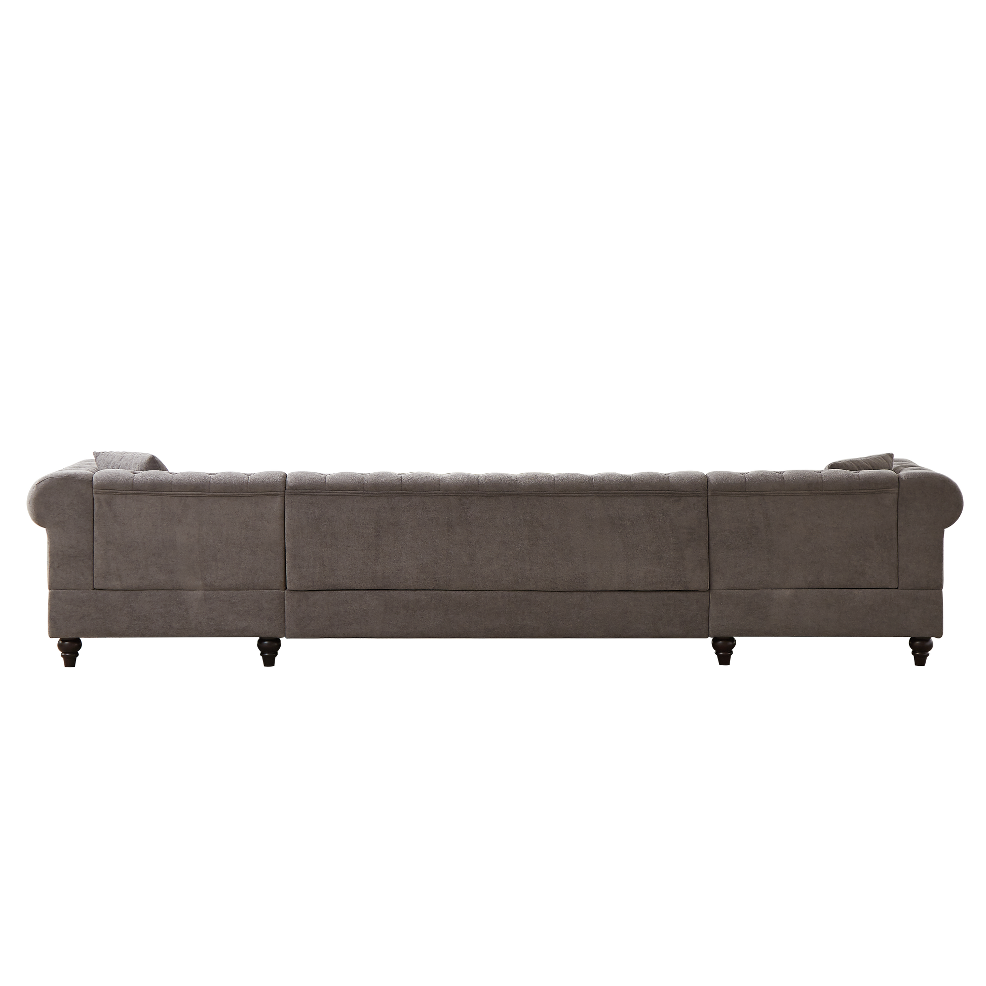 Tufted charcoal grey fabric sofa with rolled arms and dark wooden legs