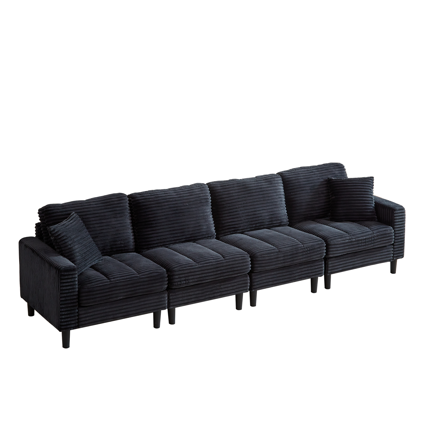 Dark gray corduroy sectional sofa with plush cushions and minimalist black legs perfect for modern living rooms