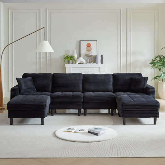 Deep black corduroy sectional sofa with chaise lounges offering plush comfort and modern style