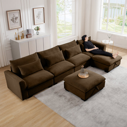 Spacious brown corduroy sectional sofa with plush cushions and multiple seating options