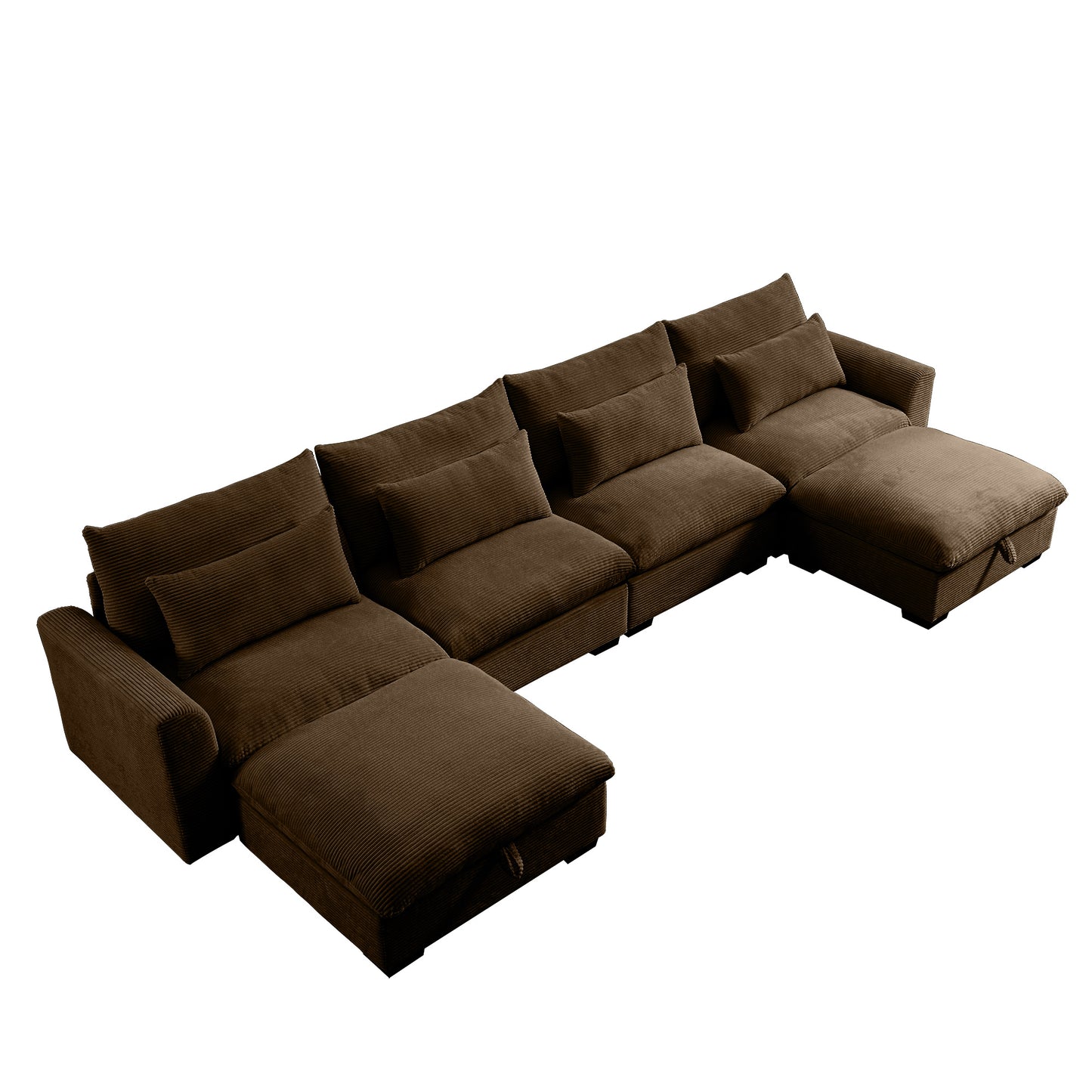 Deep brown corduroy sectional sofa with multiple chaise lounges and storage ottomans perfect for living rooms
