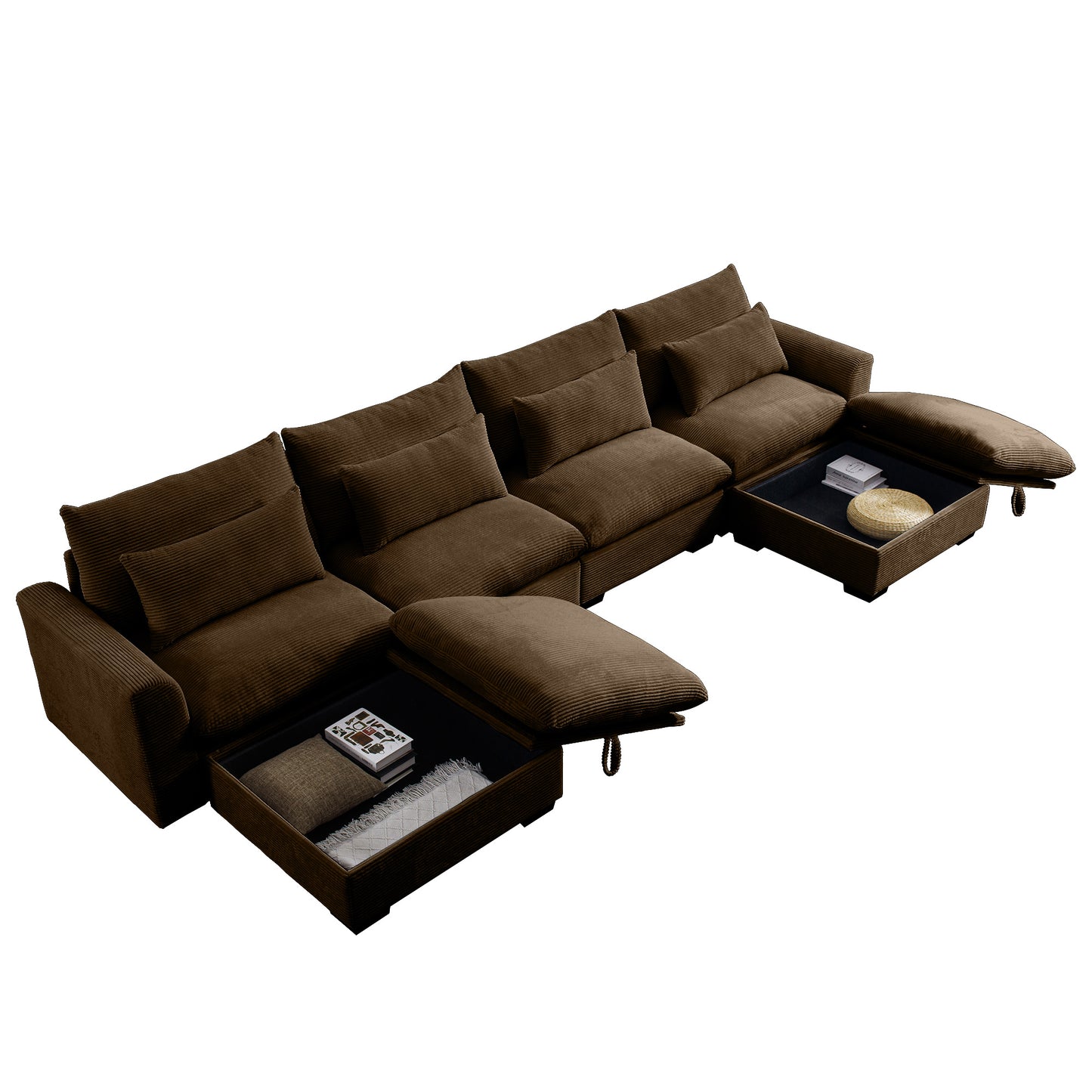 Plush brown corduroy sectional sofa with hidden storage compartments and removable ottomans