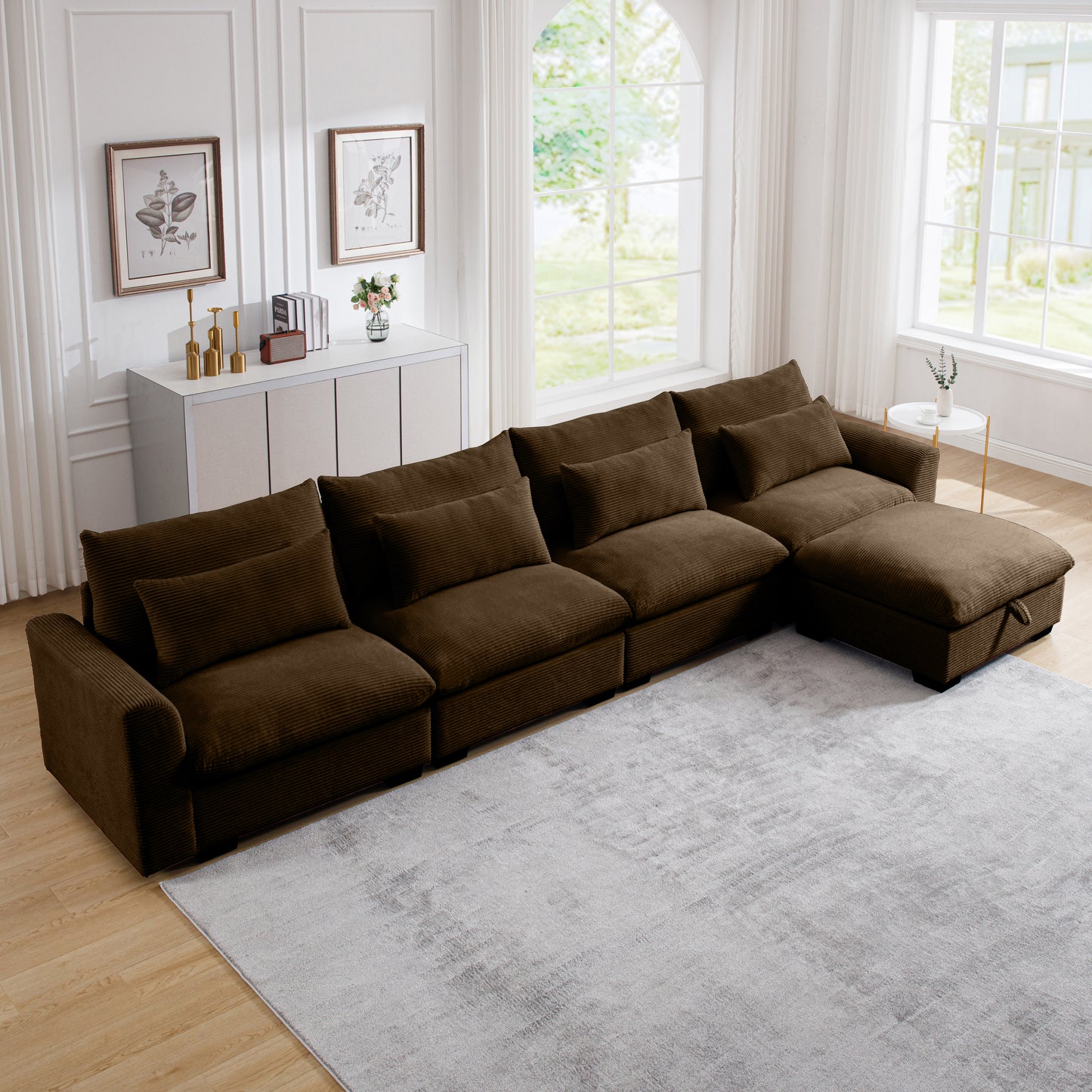 Spacious sectional sofa in rich brown corduroy with plush cushions and a chaise lounge