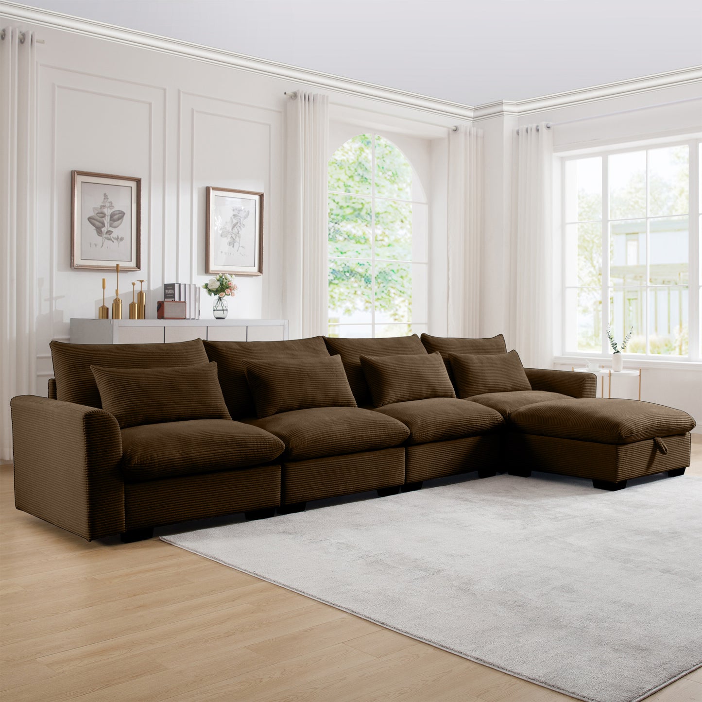 Plush brown corduroy sectional sofa with chaise lounge and ample seating for a cozy living room
