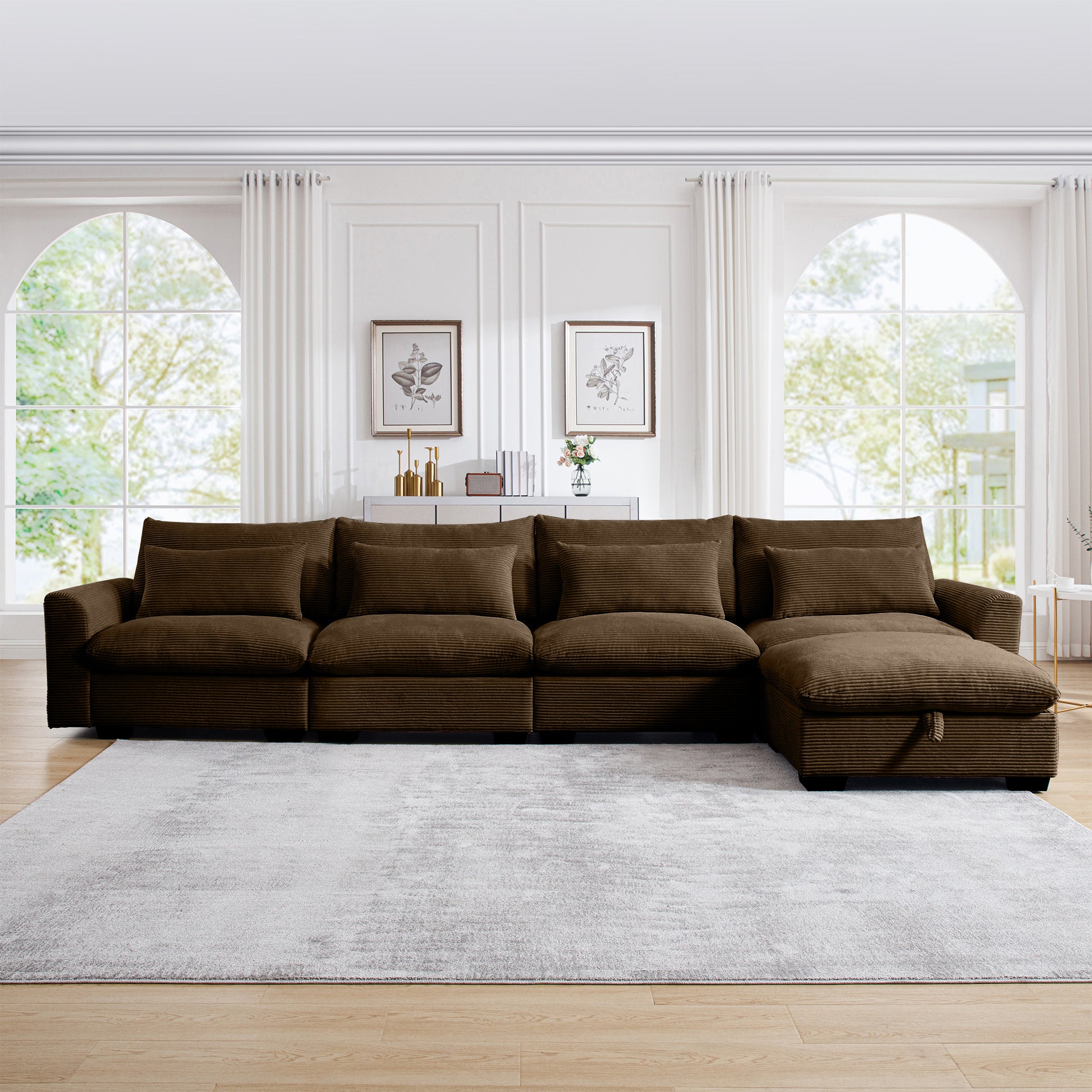 Chocolate corduroy sectional sofa with plush cushions and a chaise lounge