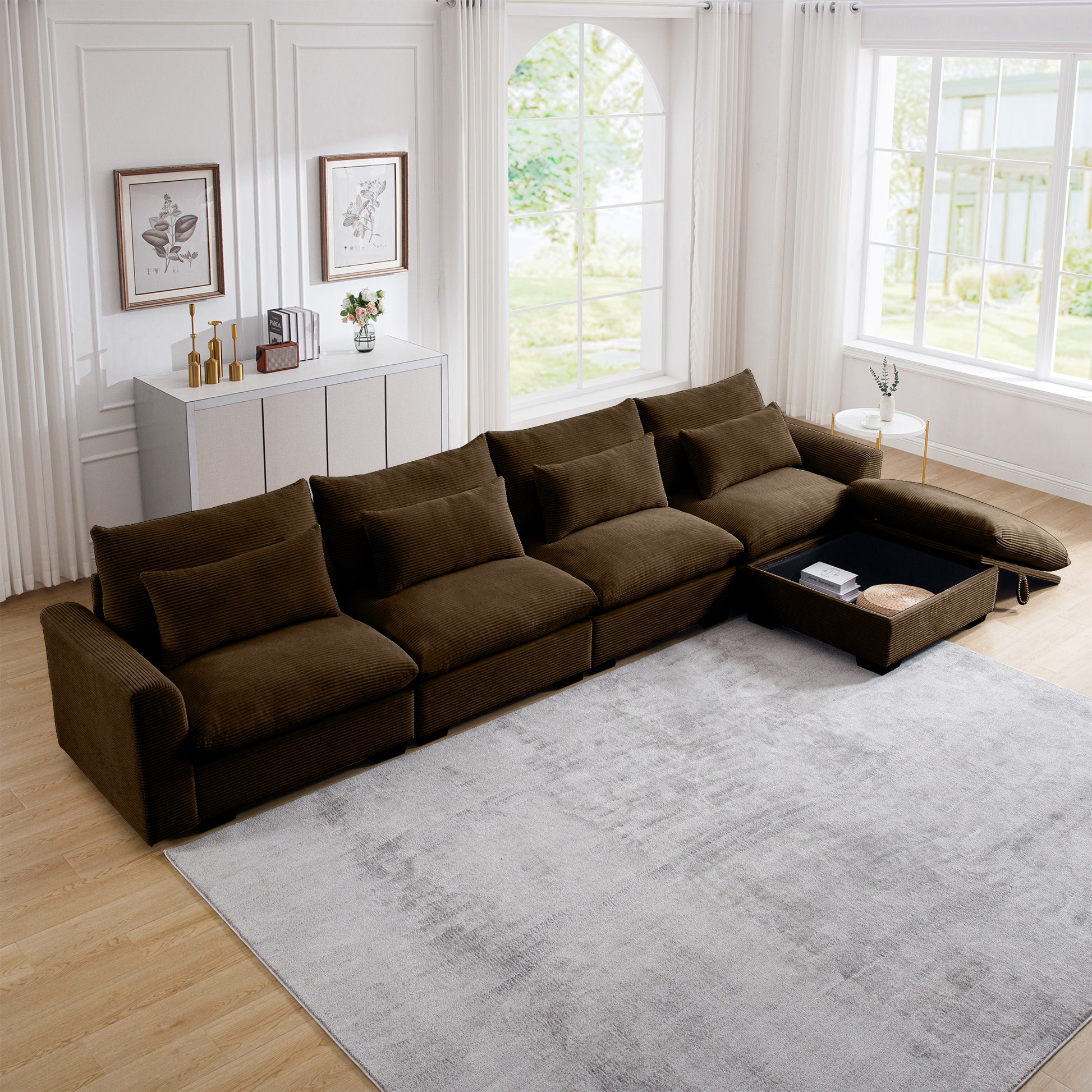 Deep brown corduroy sectional sofa with storage ottoman and plush cushions