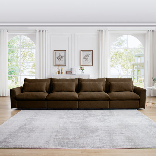 Chocolate brown corduroy sectional sofa with plush pillows perfect for living rooms