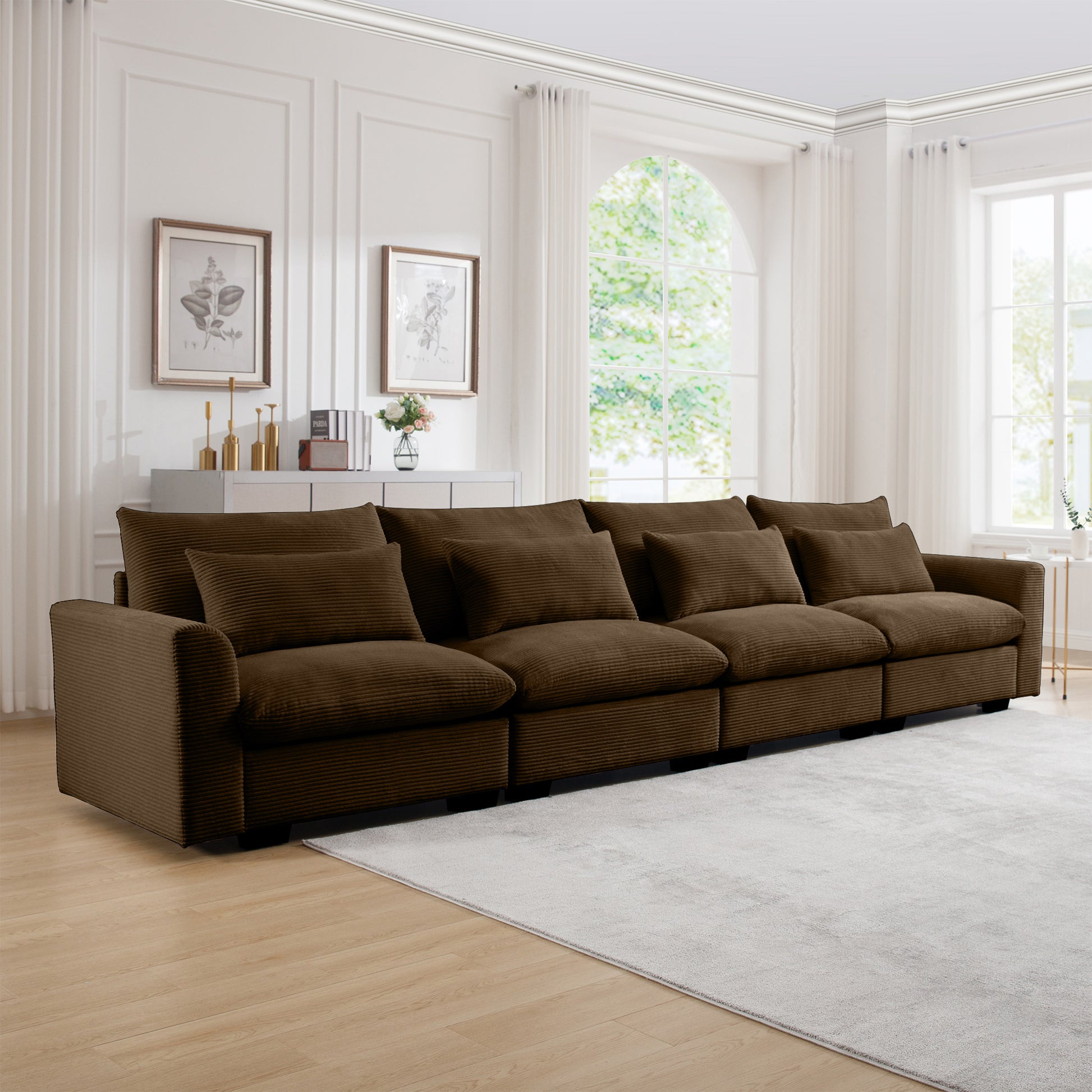 Brown corduroy modular sectional sofa with plush cushions perfect for living rooms