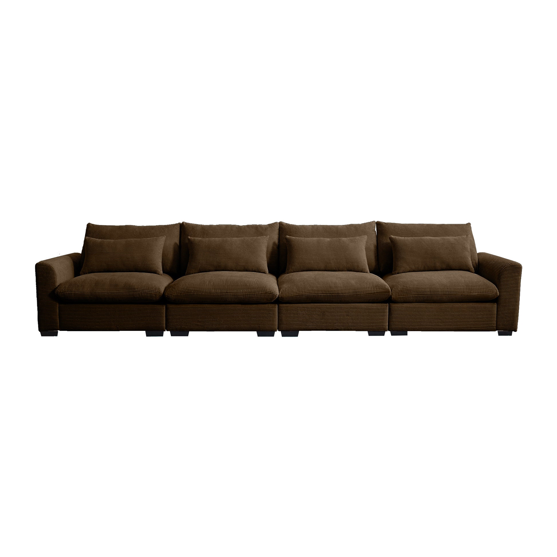 Plush brown corduroy sectional sofa with four seat cushions and throw pillows