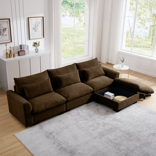 Brown corduroy sectional sofa with hidden storage chaise modern living room furniture