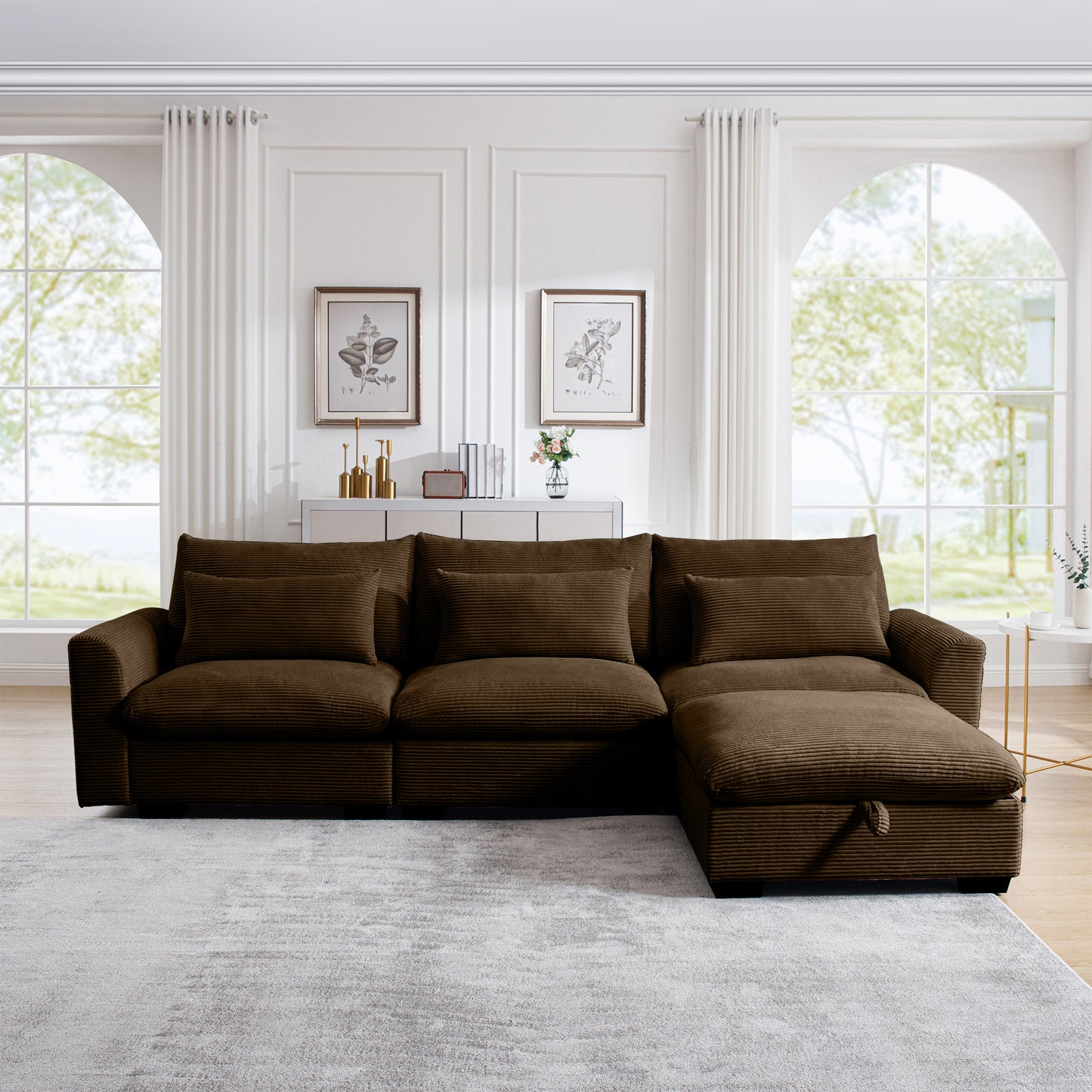 Plush brown corduroy sectional sofa with chaise and storage perfect for modern living rooms