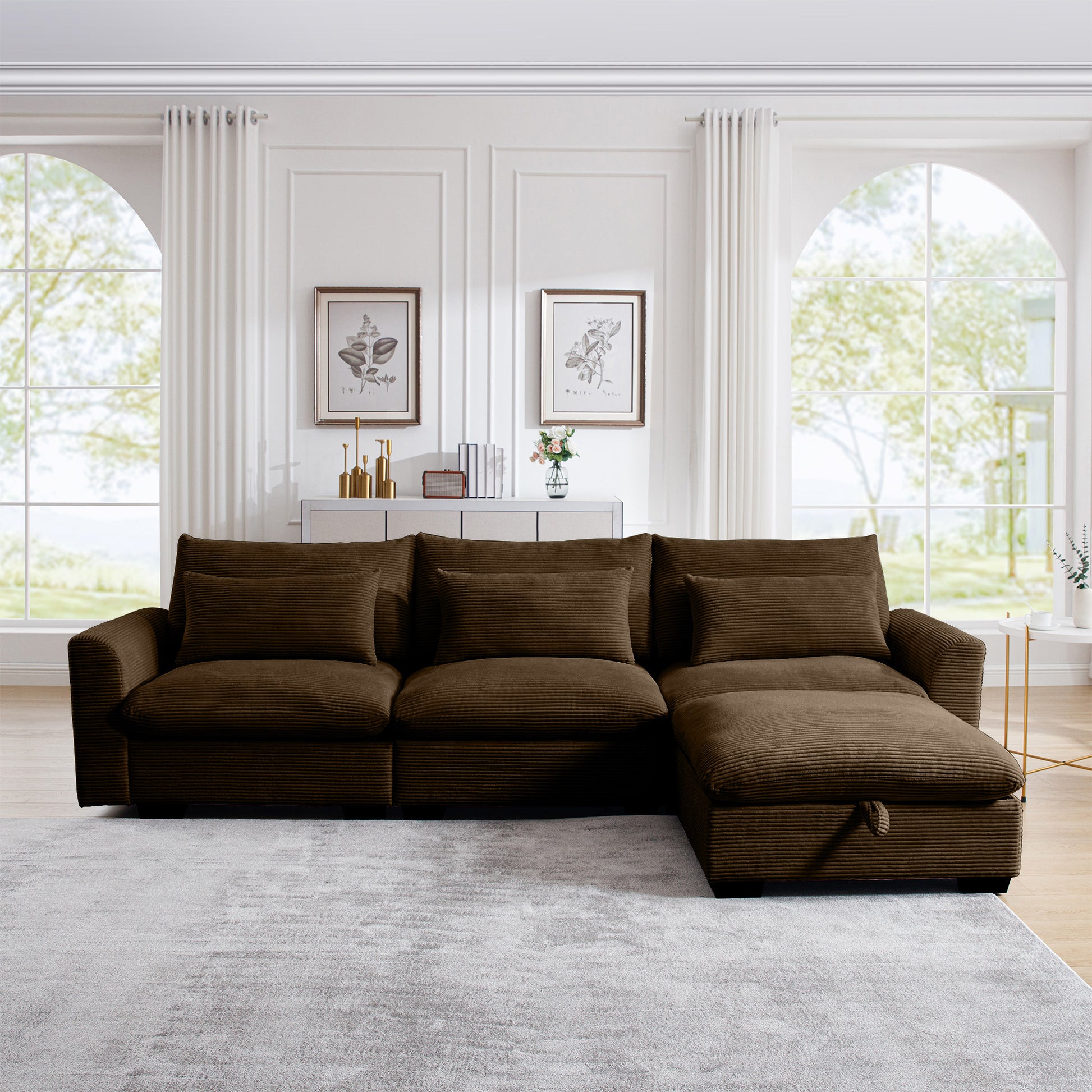 Plush brown corduroy sectional sofa with chaise and storage perfect for modern living rooms