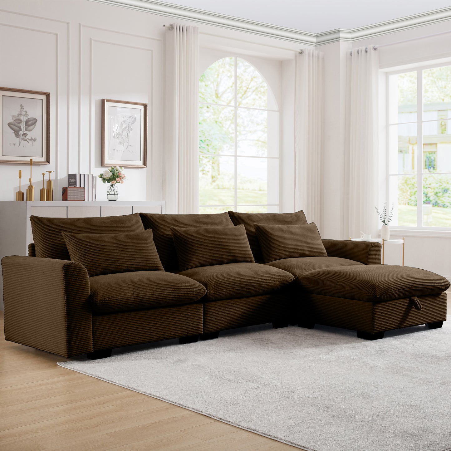 Spacious brown corduroy sectional sofa with chaise lounge and plush cushions
