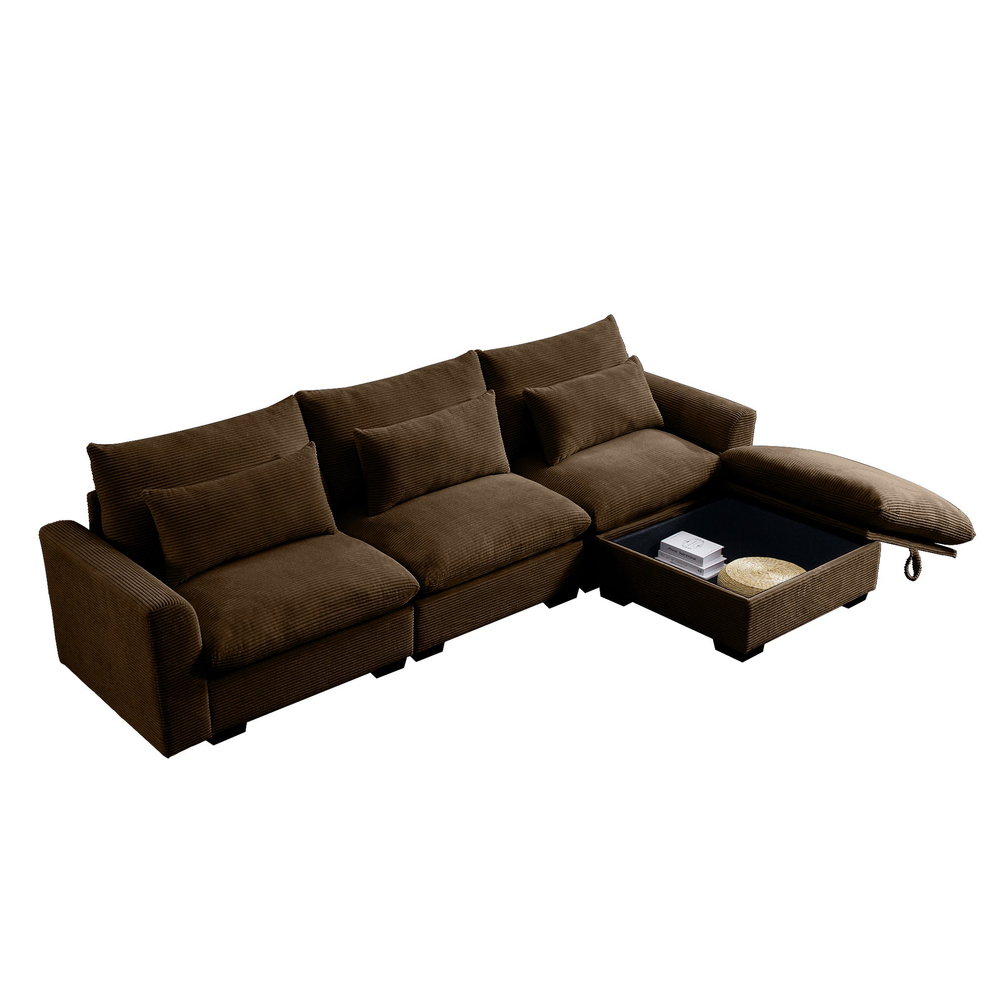 Brown corduroy sectional sofa with open storage chaise and plush cushions