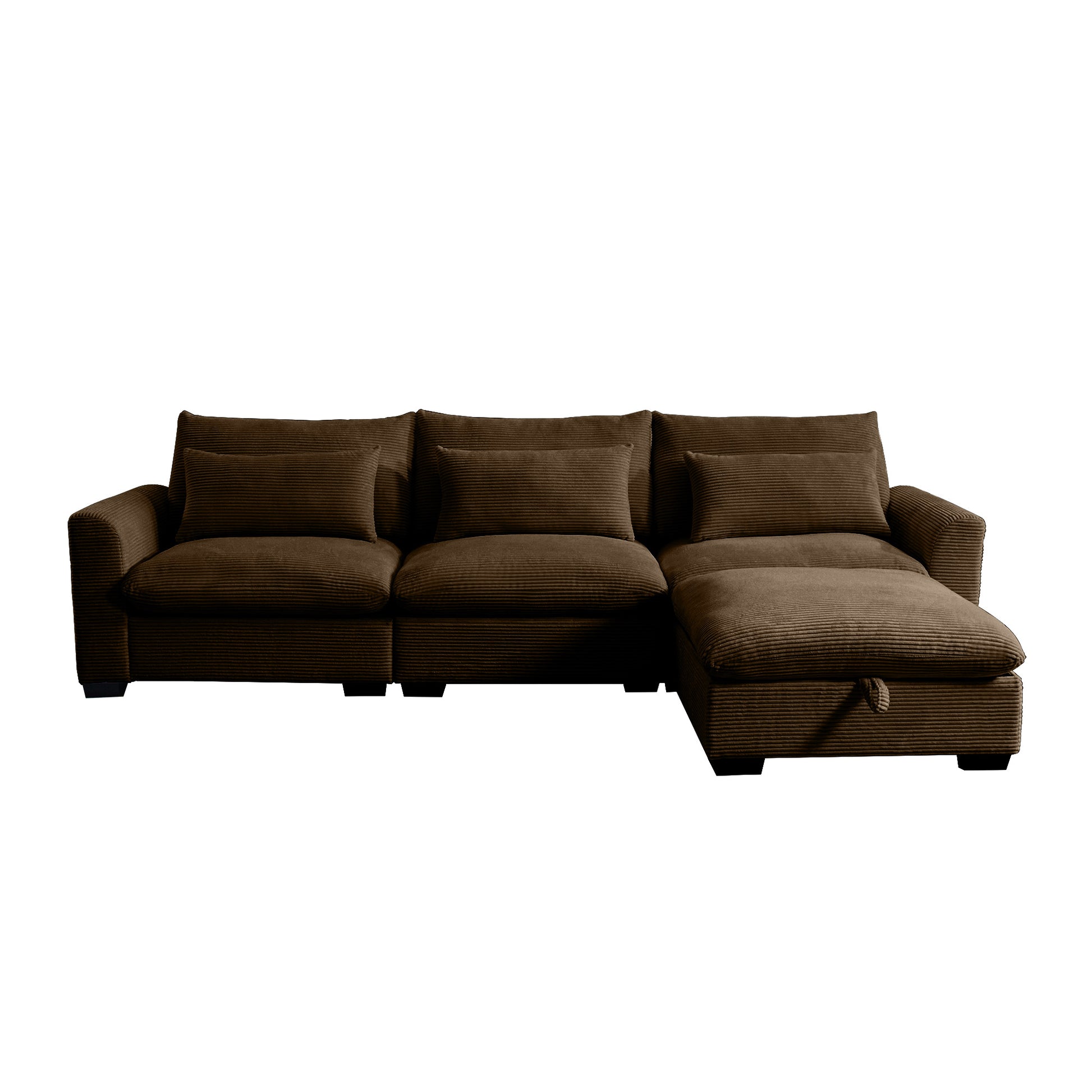 Chocolate corduroy sectional sofa with chaise and matching throw pillows