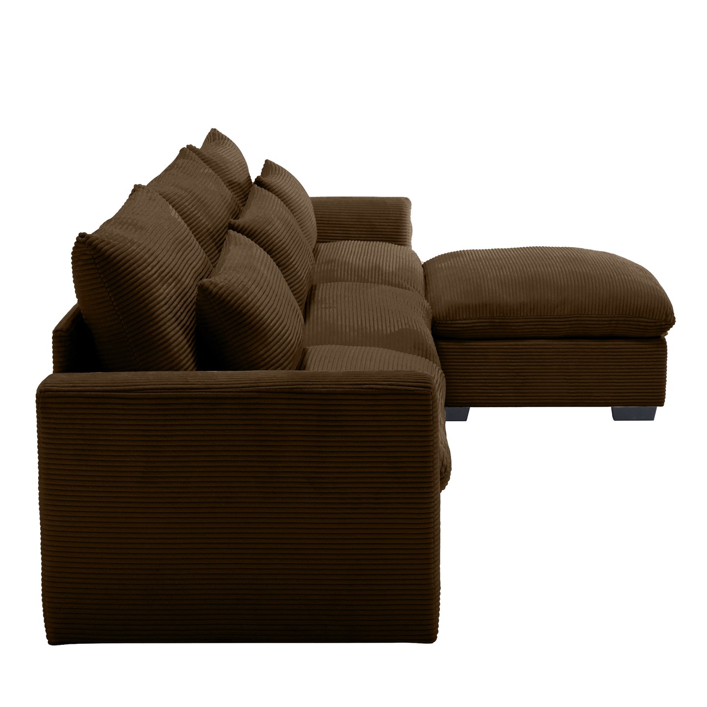 Brown corduroy sectional sofa with plush cushions and chaise lounge attachment