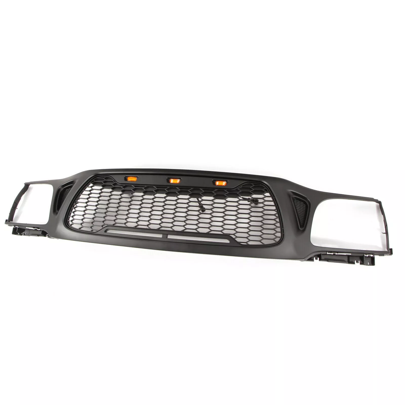Black mesh grille with three amber LED accent lights for truck front end