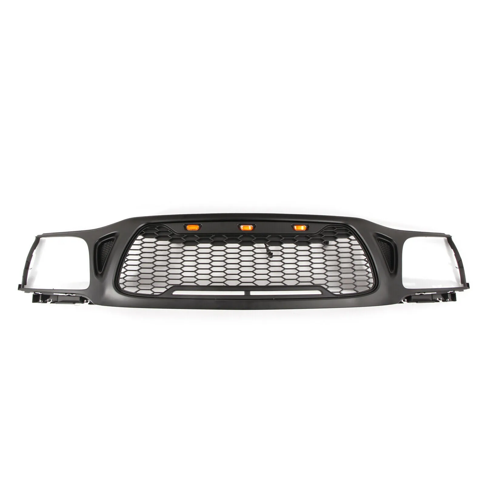 Black honeycomb grille with amber accent lights for truck