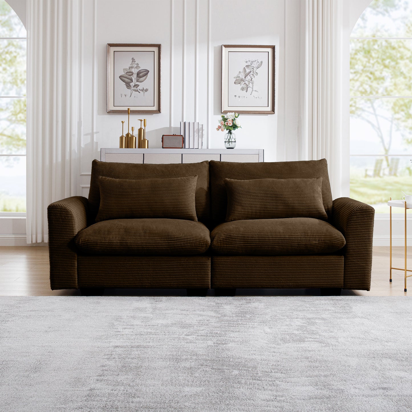 Brown corduroy sofa with plush cushions and wooden legs perfect for living rooms