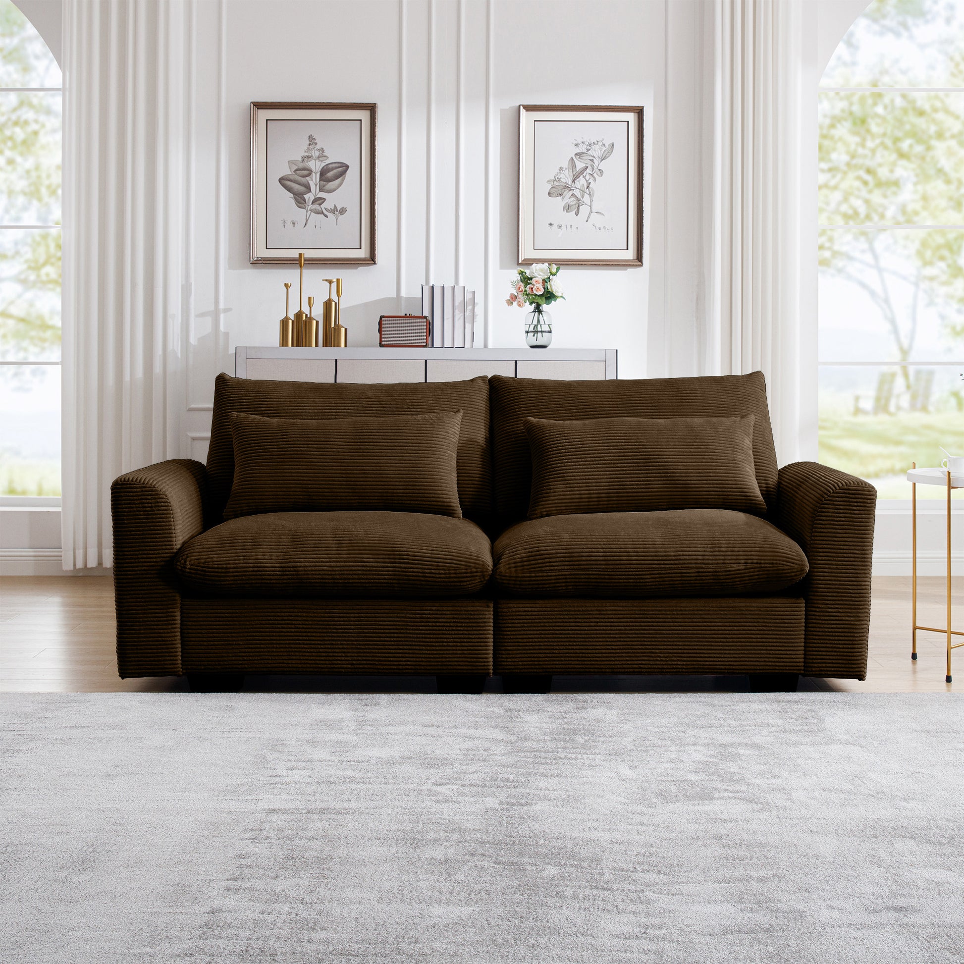 Brown corduroy sofa with plush cushions and wooden legs perfect for living rooms