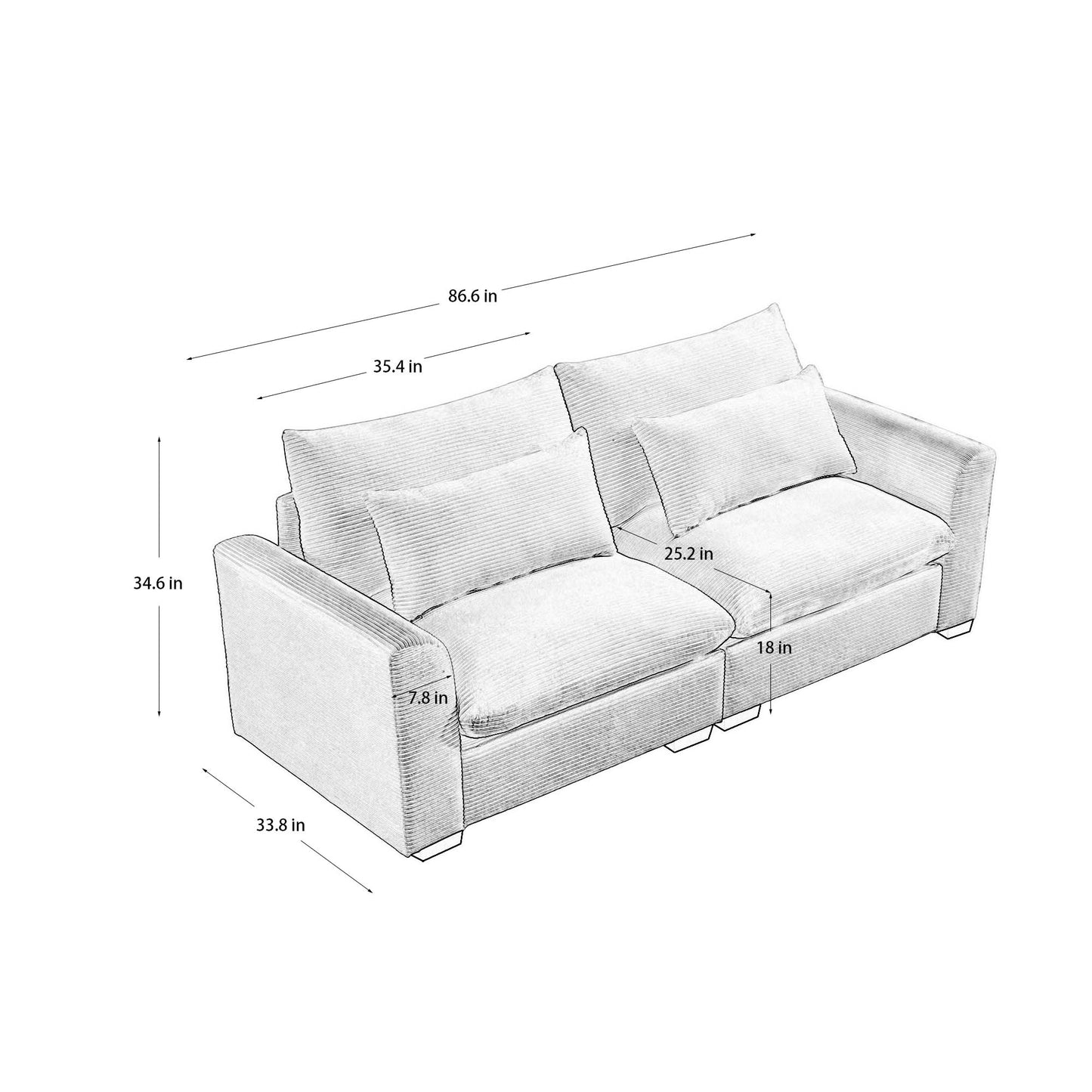 Sketch of a modern corduroy sofa with plush cushions featuring dimensions