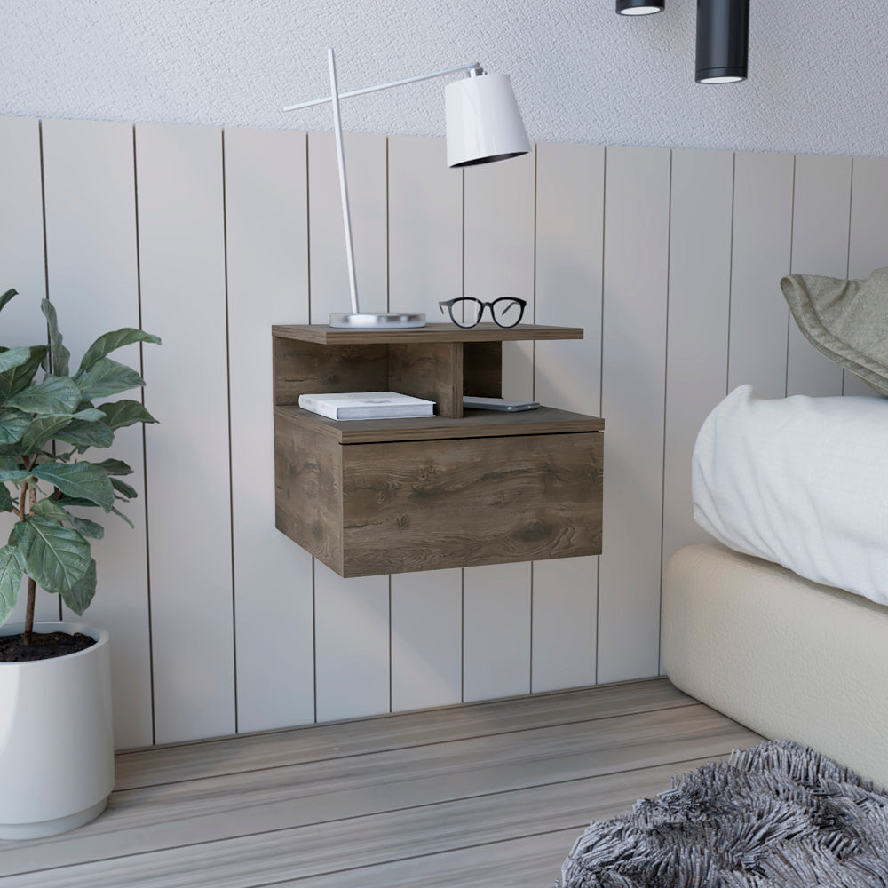 Modern floating nightstand with drawer in weathered oak finish