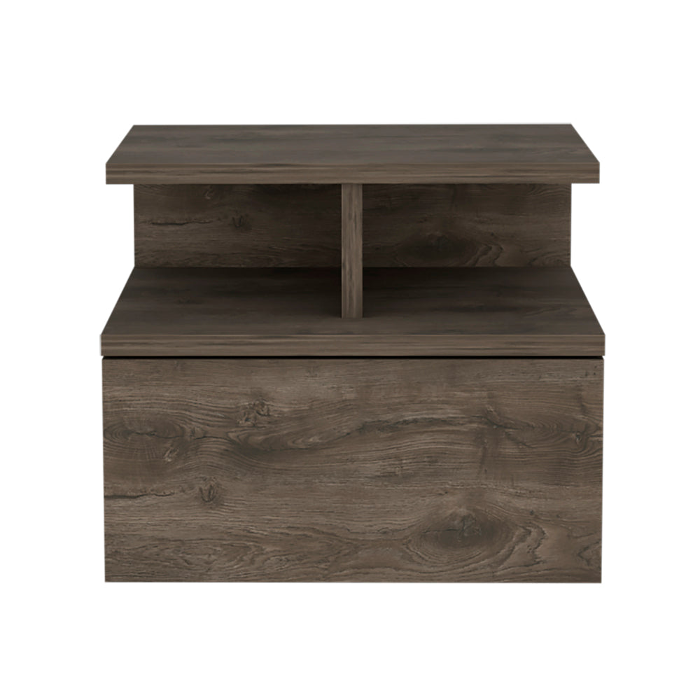 Modern grey wood nightstand with one drawer and open shelf