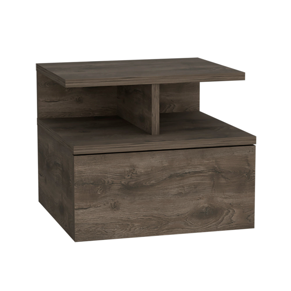 Modern grey wood bedside table with drawer and open shelf