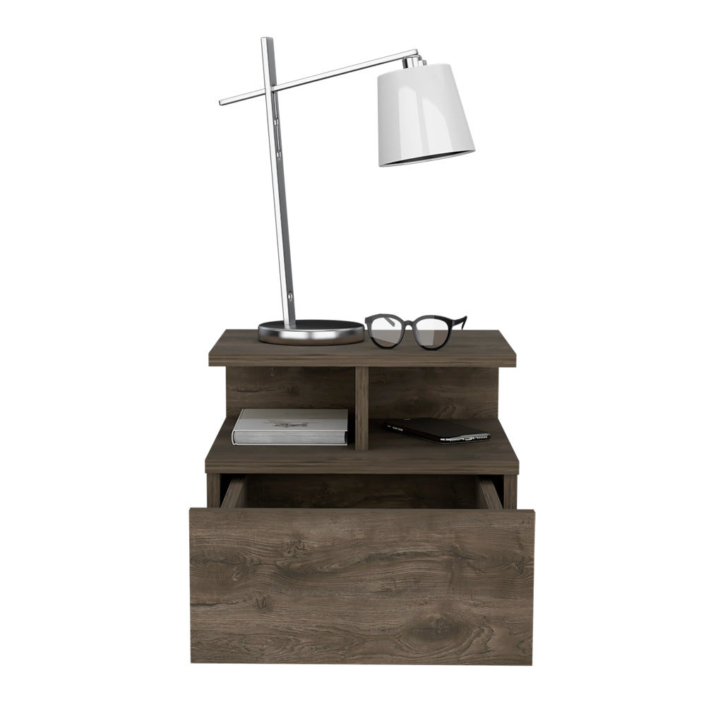 Rustic wood nightstand with open drawer and modern adjustable lamp